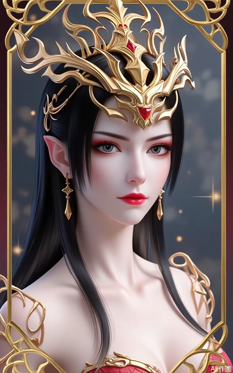 lvjing,baoshi,meidusha,long hair,pointy ears,jewelry,earrings,black hair,red lips,crown,1girl,solo,earrings,jewelry,looking at viewer,breasts,tarot,collarbone,upper body,dress,closed mouth,card \(medium\),tarot \(medium\),frills,border,cover,gradient background,close-up details,outstanding style,adding a touch of dimension to your images without compromising details,close-up