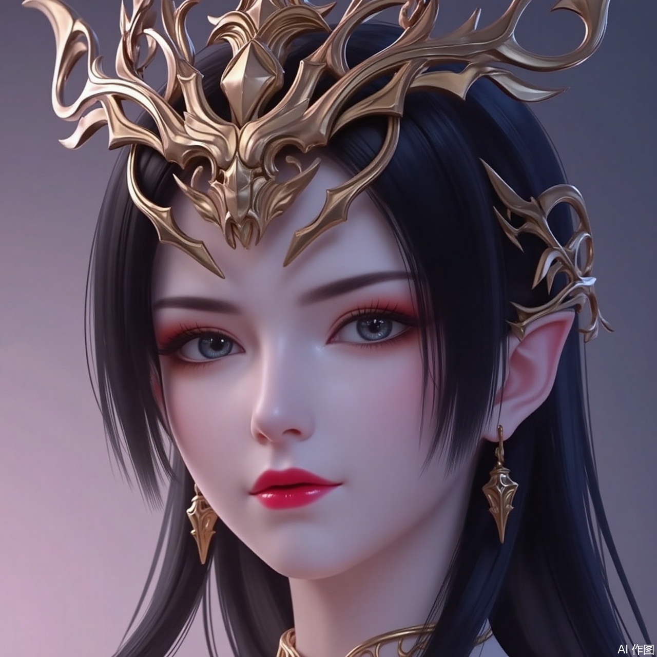 lvjing,baoshi,meidusha,long hair,pointy ears,jewelry,earrings,black hair,red lips,crown,cover,gradient background,close-up details,outstanding style,adding a touch of dimension to your images without compromising details,close-up,