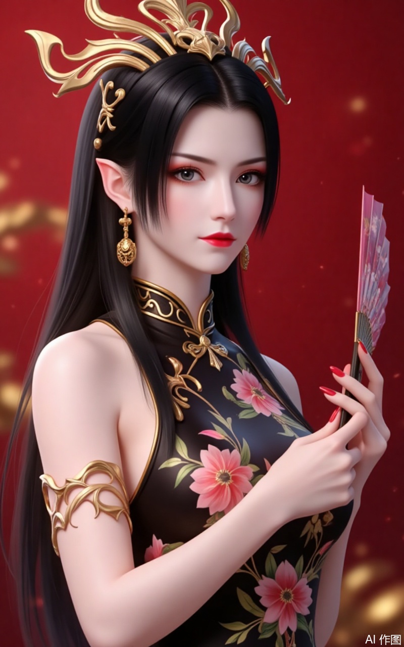 lvjing,baoshi,meidusha,long hair,pointy ears,jewelry,earrings,black hair,red lips,crown,1girl,dress,hand fan,holding,solo,earrings,jewelry,chinese clothes,china dress,black dress,holding fan,floral print,blurry,sleeveless,looking at viewer,sleeveless dress,red background,folding fan,standing,head tilt,2,cover,simple background,gradient background,close-up details,outstanding style,adding a touch of dimension to your images without compromising details,close_up

