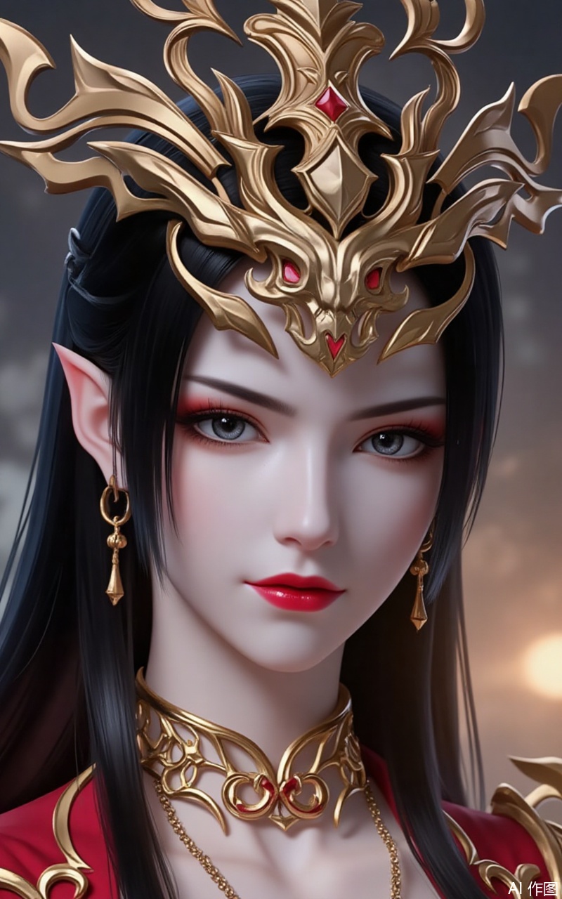 lvjing,baoshi,meidusha,long hair,pointy ears,jewelry,earrings,black hair,red lips,crown,cover,gradient background,close-up details,outstanding style,adding a touch of dimension to your images without compromising details,close-up,