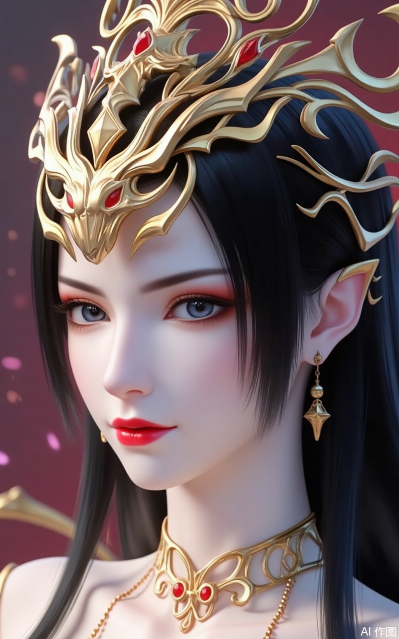 lvjing,baoshi,meidusha,long hair,pointy ears,jewelry,earrings,black hair,red lips,crown,cover,gradient background,close-up details,outstanding style,adding a touch of dimension to your images without compromising details,close-up,