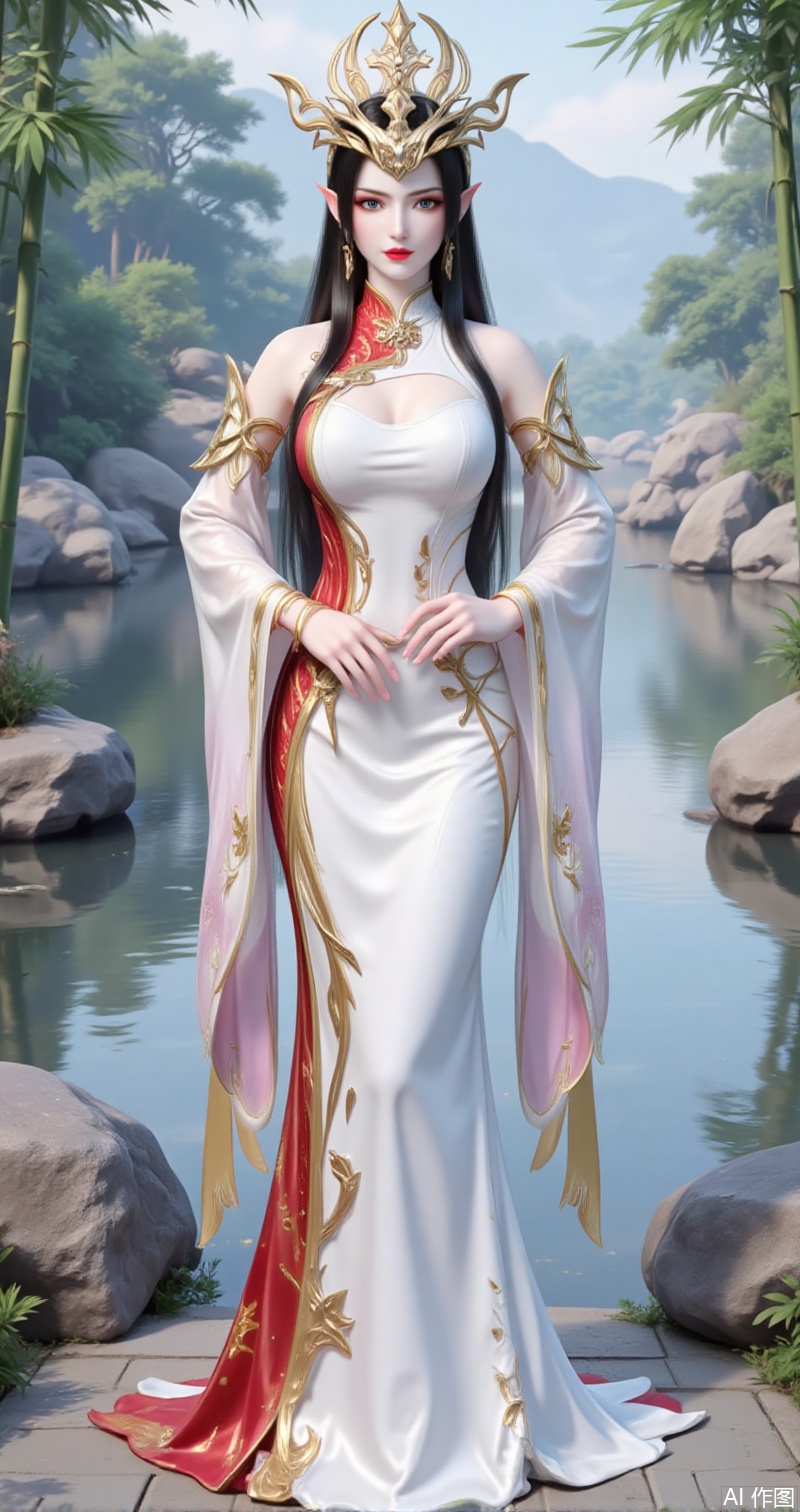 lvjing,baoshi,meidusha,long hair,pointy ears,jewelry,earrings,black hair,red lips,crown,xuanyi,1girl,dress,solo,white dress:red dress,detached sleeves,water,chinese clothes,full body,bare shoulders,bracelet,rock,hand on own hip,jewelry,breasts,standing,bamboo,china dress,1,cover,gradient background,close-up details,outstanding style,adding a touch of dimension to your images without compromising details,close-up