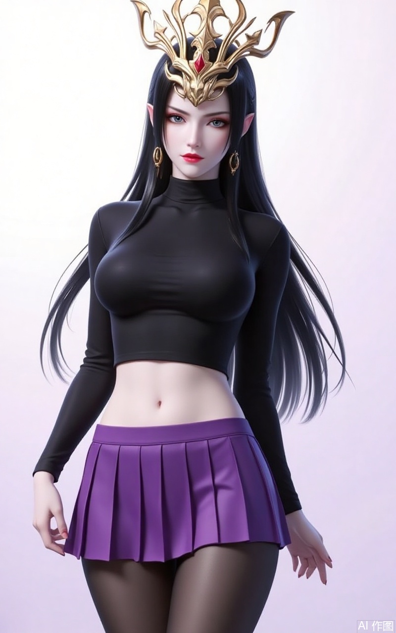 lvjing,baoshi,meidusha,long hair,pointy ears,jewelry,earrings,black hair,red lips,crown,1girl,breasts,skirt,solo,pantyhose,large breasts,purple skirt,covered navel,long sleeves,taut clothes,miniskirt,pleated skirt,turtleneck,black shirt,shirt,black pantyhose,taut shirt,64, cover,simple background,gradient background,close-up details,outstanding style,adding a touch of dimension to your images without compromising details,close-up