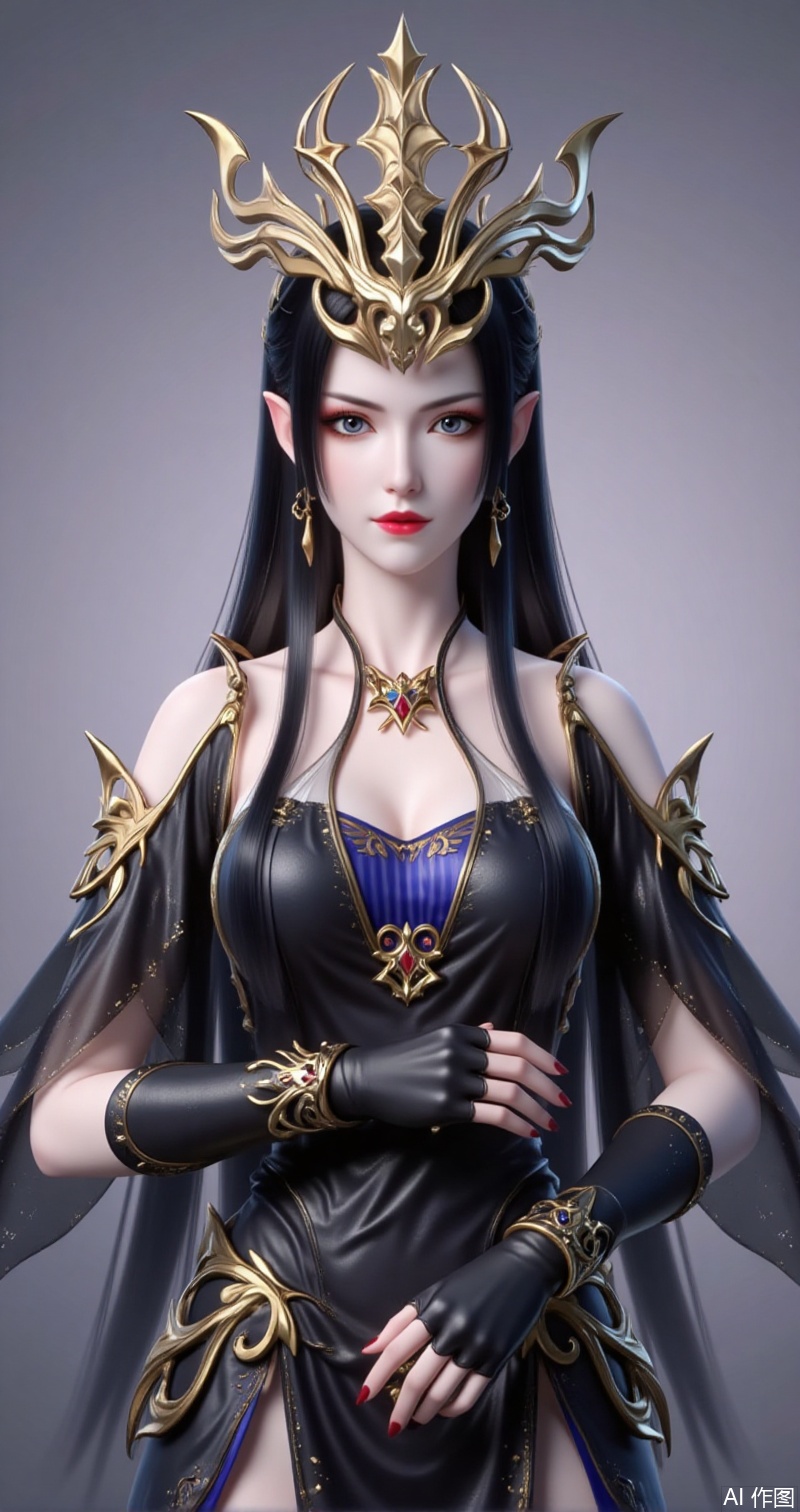 lvjing,baoshi,meidusha,long hair,pointy ears,jewelry,earrings,black hair,red lips,crown,caoyi,1girl,dress,solo,gloves,full body,black gloves,black footwear,breasts,black dress,standing,bare shoulders,fingerless gloves,2,cover,gradient background,close-up details,outstanding style,adding a touch of dimension to your images without compromising details,close-up
