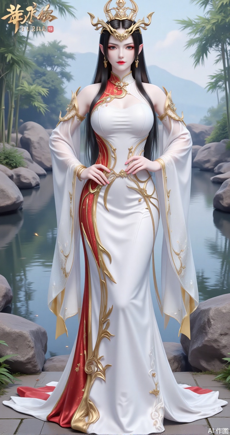 lvjing,baoshi,meidusha,long hair,pointy ears,jewelry,earrings,black hair,red lips,crown,xuanyi,1girl,dress,solo,white dress:red dress,detached sleeves,water,chinese clothes,full body,bare shoulders,bracelet,rock,hand on own hip,jewelry,breasts,standing,bamboo,china dress,1,cover,gradient background,close-up details,outstanding style,adding a touch of dimension to your images without compromising details,close-up