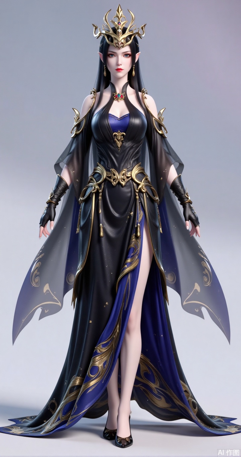 lvjing,baoshi,meidusha,long hair,pointy ears,jewelry,earrings,black hair,red lips,crown,caoyi,1girl,dress,solo,gloves,full body,black gloves,black footwear,breasts,black dress,standing,bare shoulders,fingerless gloves,2,cover,gradient background,close-up details,outstanding style,adding a touch of dimension to your images without compromising details,close-up