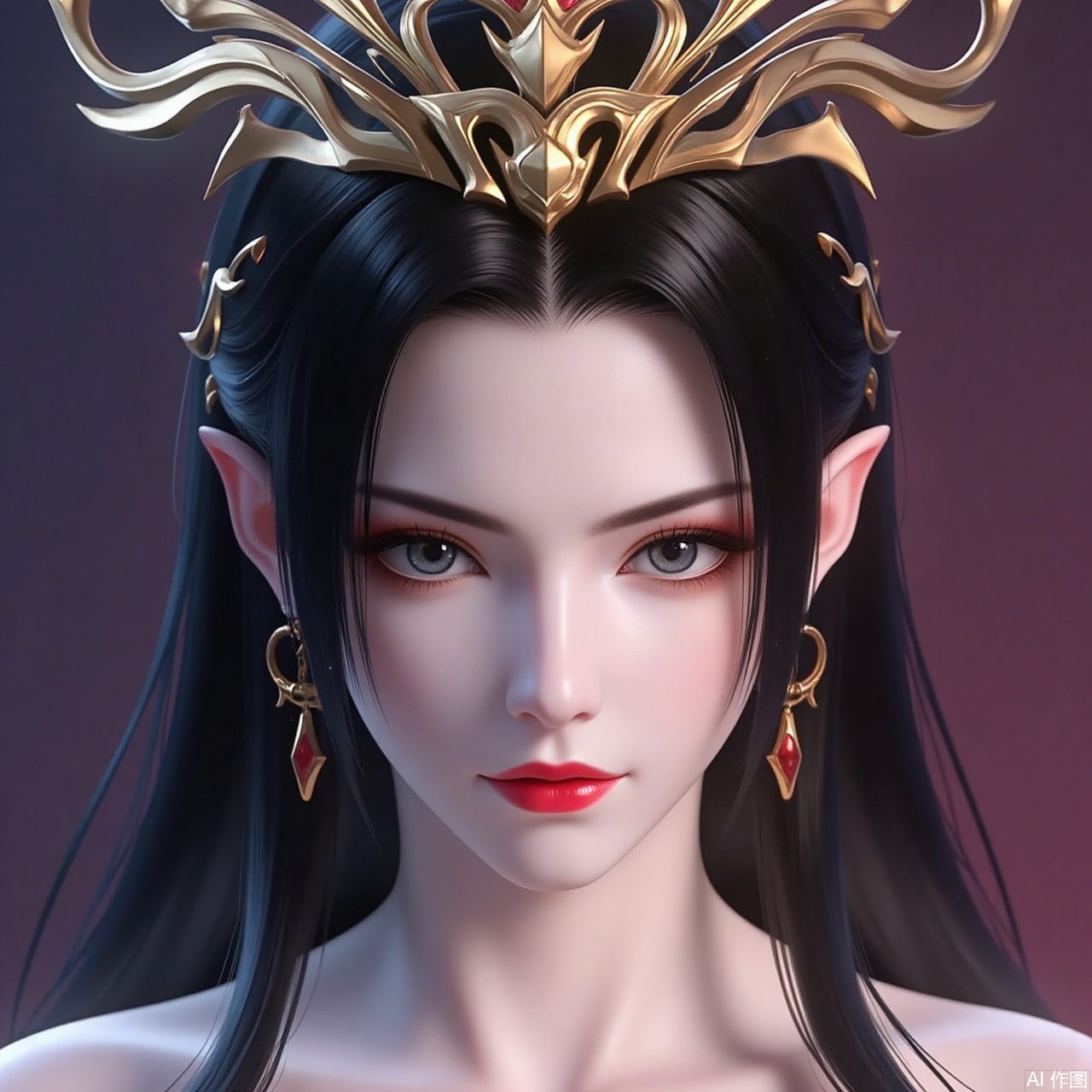 lvjing,baoshi,meidusha,long hair,pointy ears,jewelry,earrings,black hair,red lips,crown,cover,gradient background,close-up details,outstanding style,adding a touch of dimension to your images without compromising details,close-up,