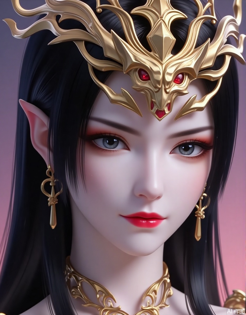 lvjing,baoshi,meidusha,long hair,pointy ears,jewelry,earrings,black hair,red lips,crown,cover,gradient background,close-up details,outstanding style,adding a touch of dimension to your images without compromising details,close-up,