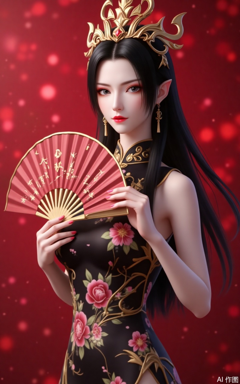 lvjing,baoshi,meidusha,long hair,pointy ears,jewelry,earrings,black hair,red lips,crown,1girl,dress,hand fan,holding,solo,earrings,jewelry,chinese clothes,china dress,black dress,holding fan,floral print,blurry,sleeveless,looking at viewer,sleeveless dress,red background,folding fan,standing,head tilt,2,cover,simple background,gradient background,close-up details,outstanding style,adding a touch of dimension to your images without compromising details,close_up
