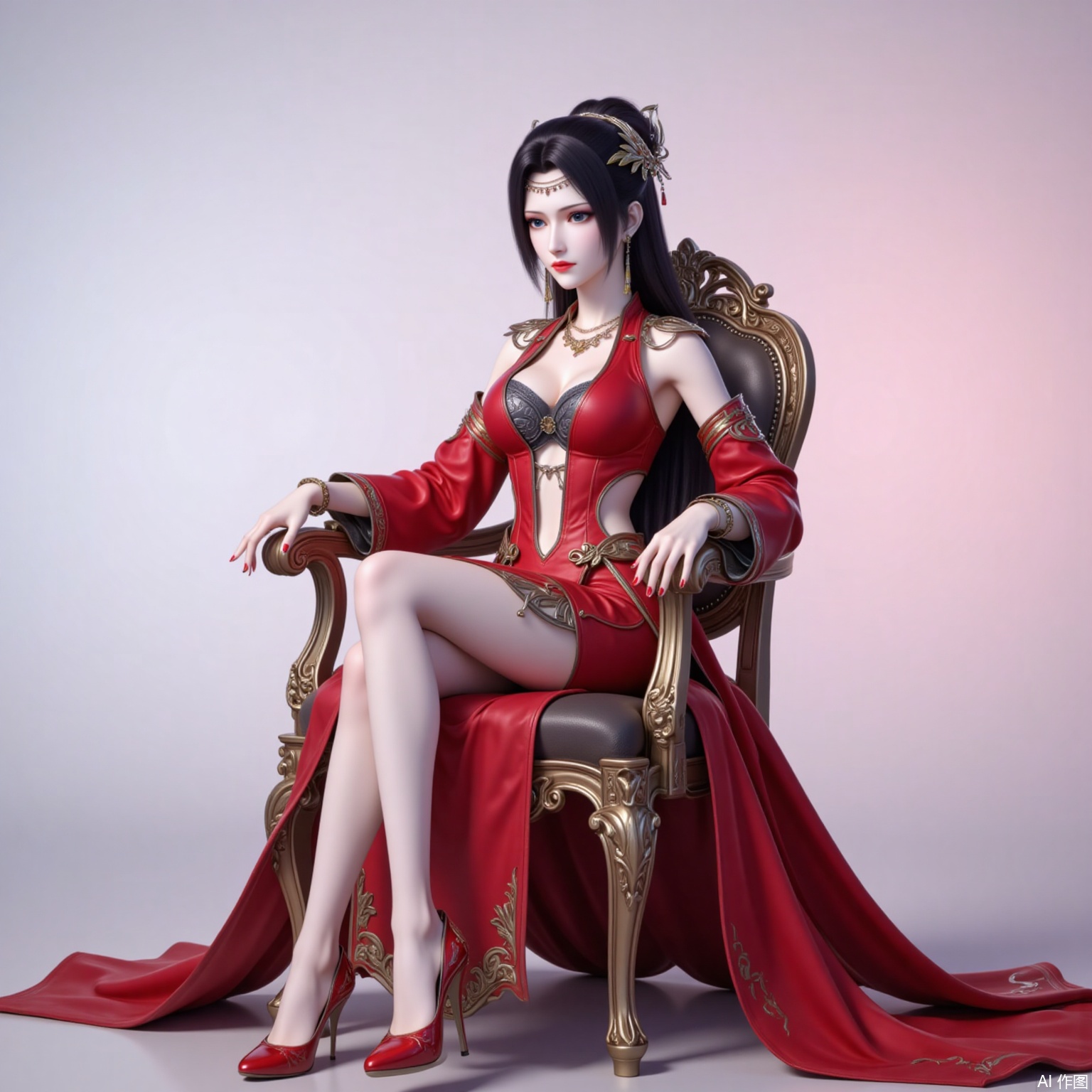 yunyun,1girl,solo,black hair,jewelry,earrings,long hair,hair ornament,closed mouth,blue eyes,hair bun,
1girl,solo,breasts,dress,high heels,jewelry,red dress,necklace,full body,red nails,cleavage,detached_sleeves,clothing cutout,sitting,gradient background,chair,crossed_legs,red footwear,3,cover,gradient background,close-up details,outstanding style,adding a touch of dimension to your images without compromising details,close-up,
lvjing,long legs,meidushayifu