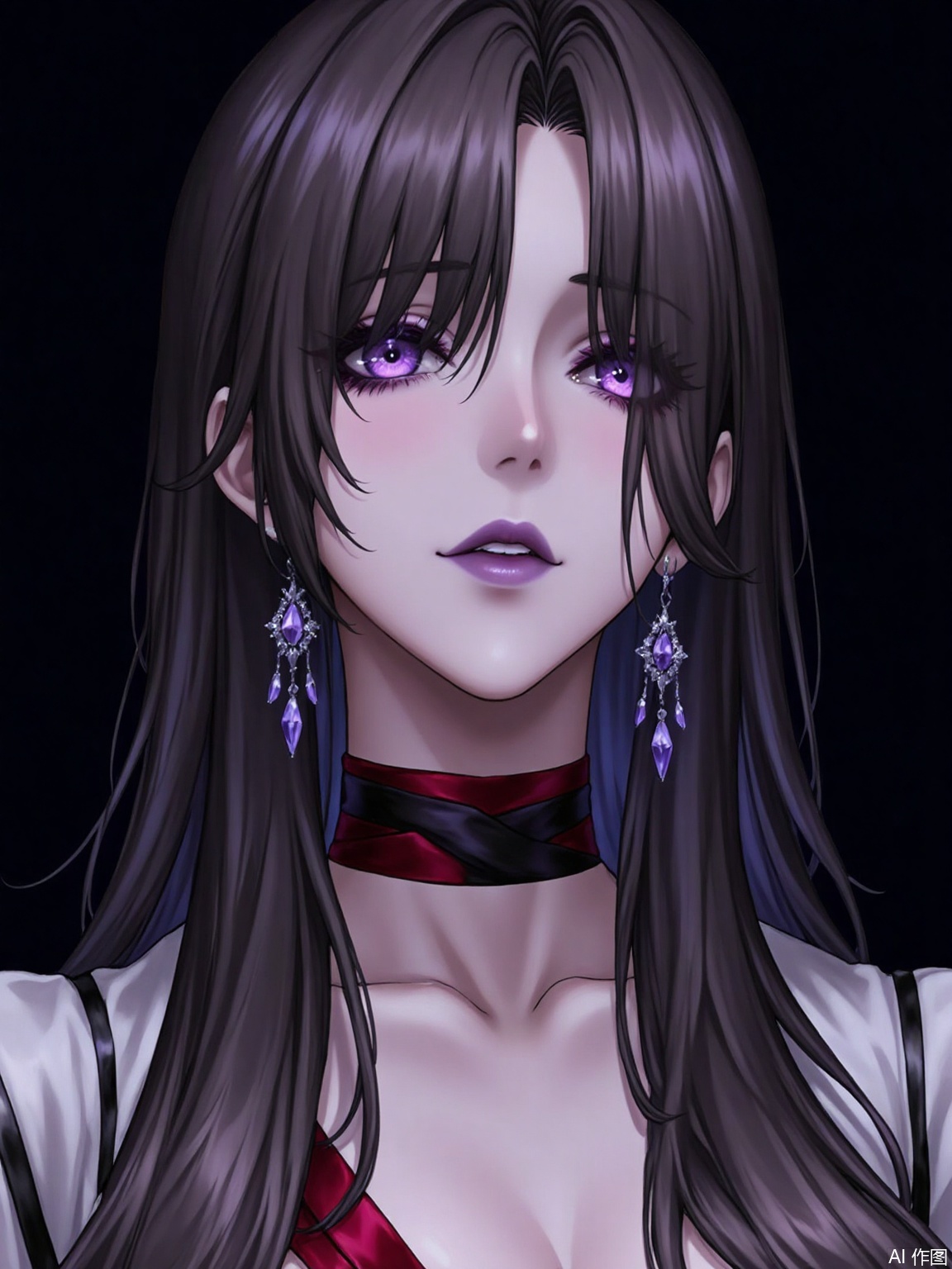 masterpiece,best quality,good quality,newest,year 2024,year 2023,very aesthetic,extreme aesthetic,absurdres,Visual impact,ultra-high resolution,32K UHD,sharp focus,best-quality,masterpiece,Emotionalization,masterpiece,masterful details,1girl,long hair,straight hair,heavy hair,half close eyes,purple eyes,long eyeshadow,purple eyeshadow,close_up,purple lips,collarbone,purple earrings,jewelry,Hair accessories,in the shadow,smooth skin,robe,Luxurious and gorgeous,dark background,mature,wet hair,beads of sweat,wide neckband,