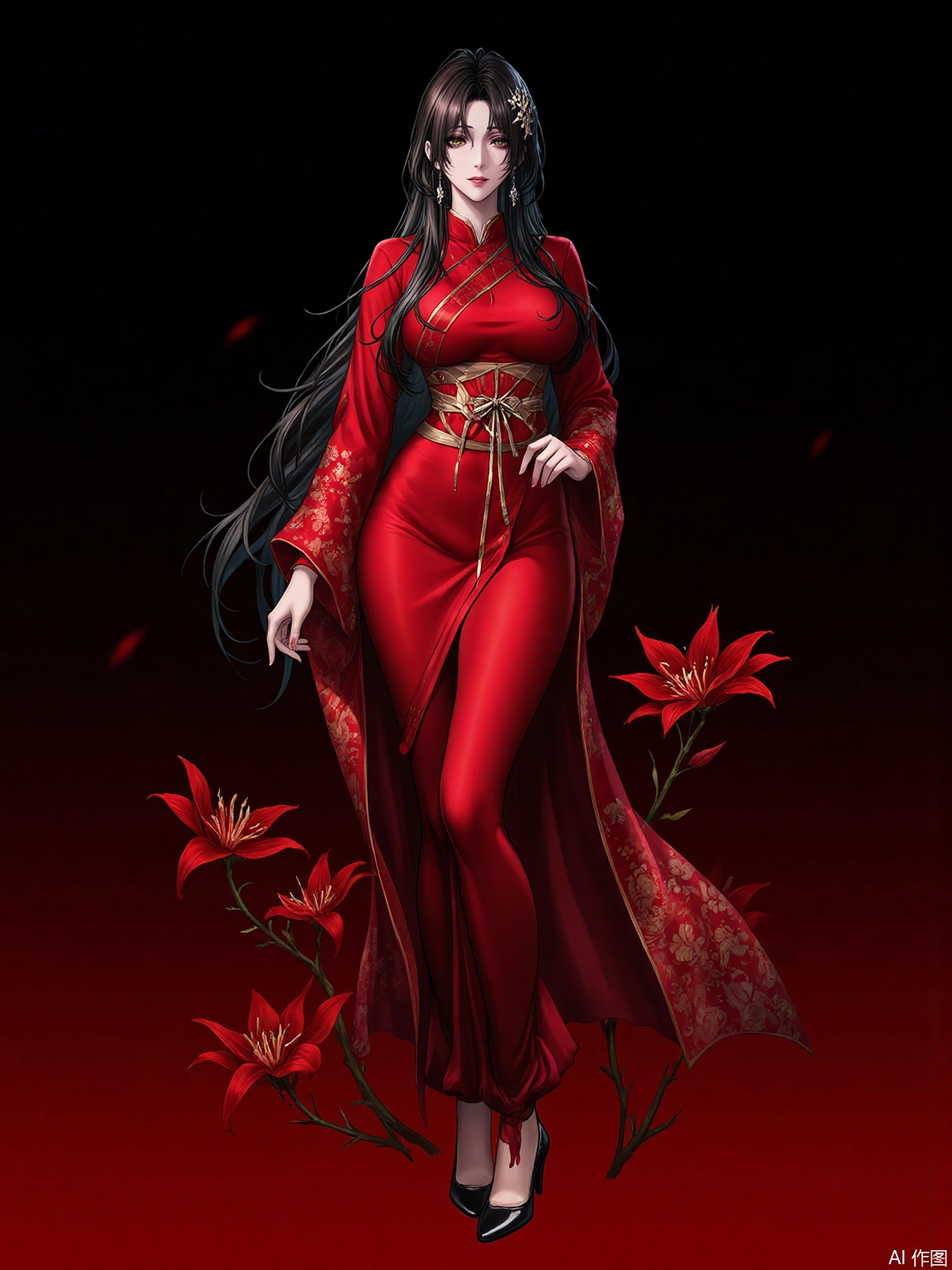 best quality,Digital art,Official art,8k wallpaper,super detailed,beautiful,masterpiece,,dynamic feeling,artistic illustration,digital art,beautiful,hazy,fantastical,intricate detail,Mature body, mature figure, charming,smooth skin,shining skin,Digital art,Illustration,
Digital art,Illustration,Ethereal,Fantasy,Whimsical,Serene,
a girl with long black hair,full body,bleeding tears,wearing earrings,a vintage hairpin,and black high heels,she is wearing a luxurious red kimono style dress in sharp contrast,there are some red spider lilies in the background,black background,red background,luxurious,complex,exquisite details,adding depth and vitality.,