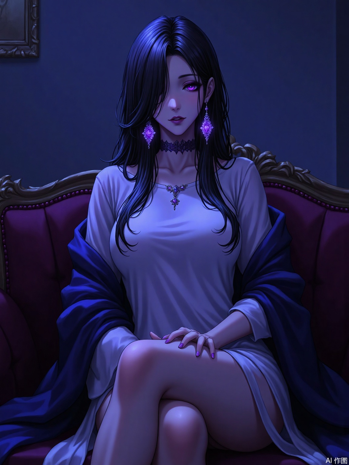 masterpiece, best quality, Digital Fantasy,,robot girl,robot body,Emotionalization,masterful details,long hair,straight hair,heavy hair,half close eyes,purple eyes,long eyeshadow,purple eyeshadow,upper body,purple lips,collarbone,purple earrings,jewelry,Hair accessories,in the shadow,smooth robot skin,robe,Luxurious and gorgeous,dark ,mature,cyber punk,in doors,Nylon lighting, cyberpunk, blue purple tone, long haired girl sitting on the sofa, wide T-shirt, overlapping legs, plump flesh legs, hazy eyes,