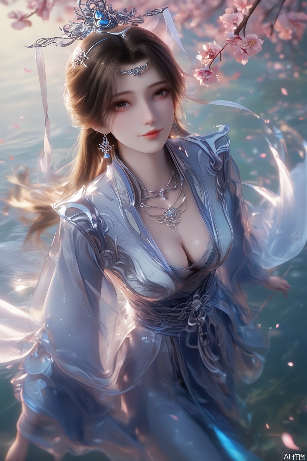 score_9,score_8_up,score_7_up,realisticVivid Colors,bright environment,sunshine,god light,lake,delicate water surface,shiny skin,shiny hair,reflection,1girl,solo,brown hair,black hair,hair ornament,dress,jewelry,earrings,chinese clothes,tiara,necklace,happiness,looking at viewer,faceoff,facing viewer,simple background,wide sleeves,petals,Cherry Blossoms,pov,cleavage,happiness,hair scrunchie,