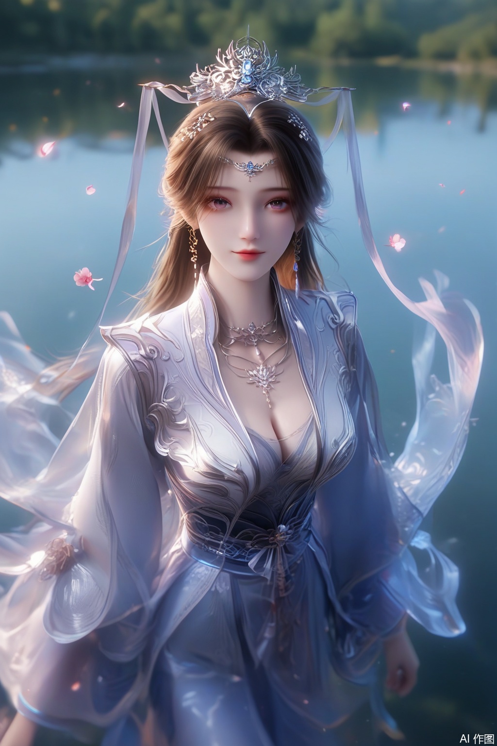 score_9,score_8_up,score_7_up,realisticVivid Colors,bright environment,sunshine,god light,lake,delicate water surface,shiny skin,shiny hair,reflection,1girl,solo,brown hair,black hair,hair ornament,dress,jewelry,earrings,chinese clothes,tiara,necklace,happiness,looking at viewer,faceoff,facing viewer,simple background,wide sleeves,petals,Cherry Blossoms,pov,cleavage,happiness,hair scrunchie,