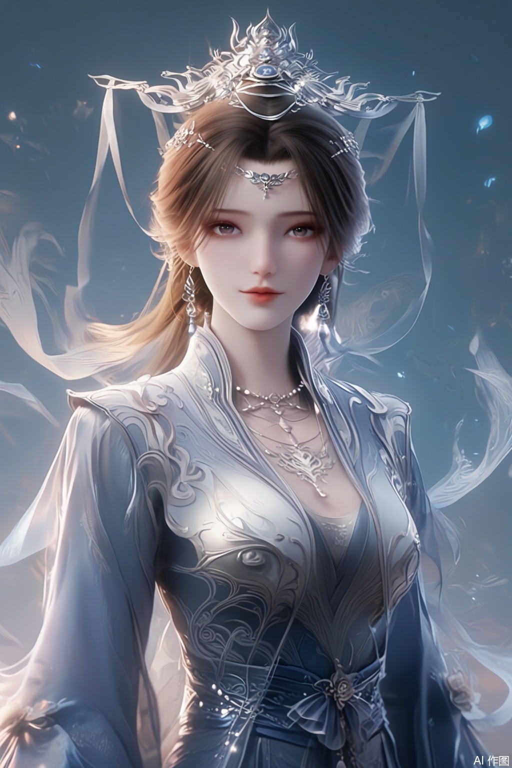 score_9,score_8_up,score_7_up,1girl,solo,brown hair,black hair,hair ornament,long sleeves,dress,jewelry,earrings,hair bun,chinese clothes,tiara,necklace,happiness,looking at viewer,faceoff,facing viewer,simple background,hand,