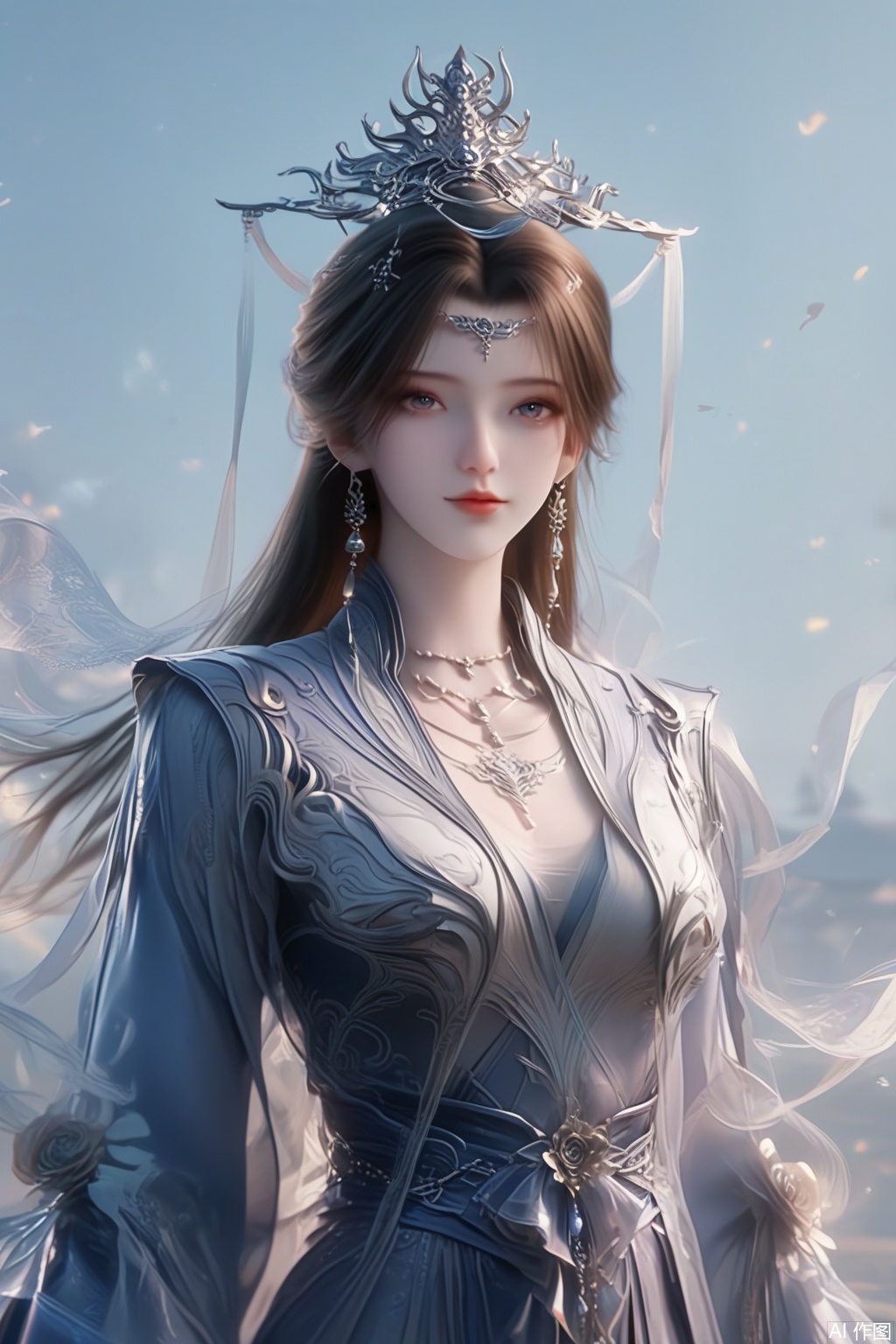 score_9,score_8_up,score_7_up,1girl,solo,brown hair,black hair,hair ornament,long sleeves,dress,jewelry,earrings,chinese clothes,tiara,necklace,happiness,looking at viewer,faceoff,facing viewer,simple background,hand,