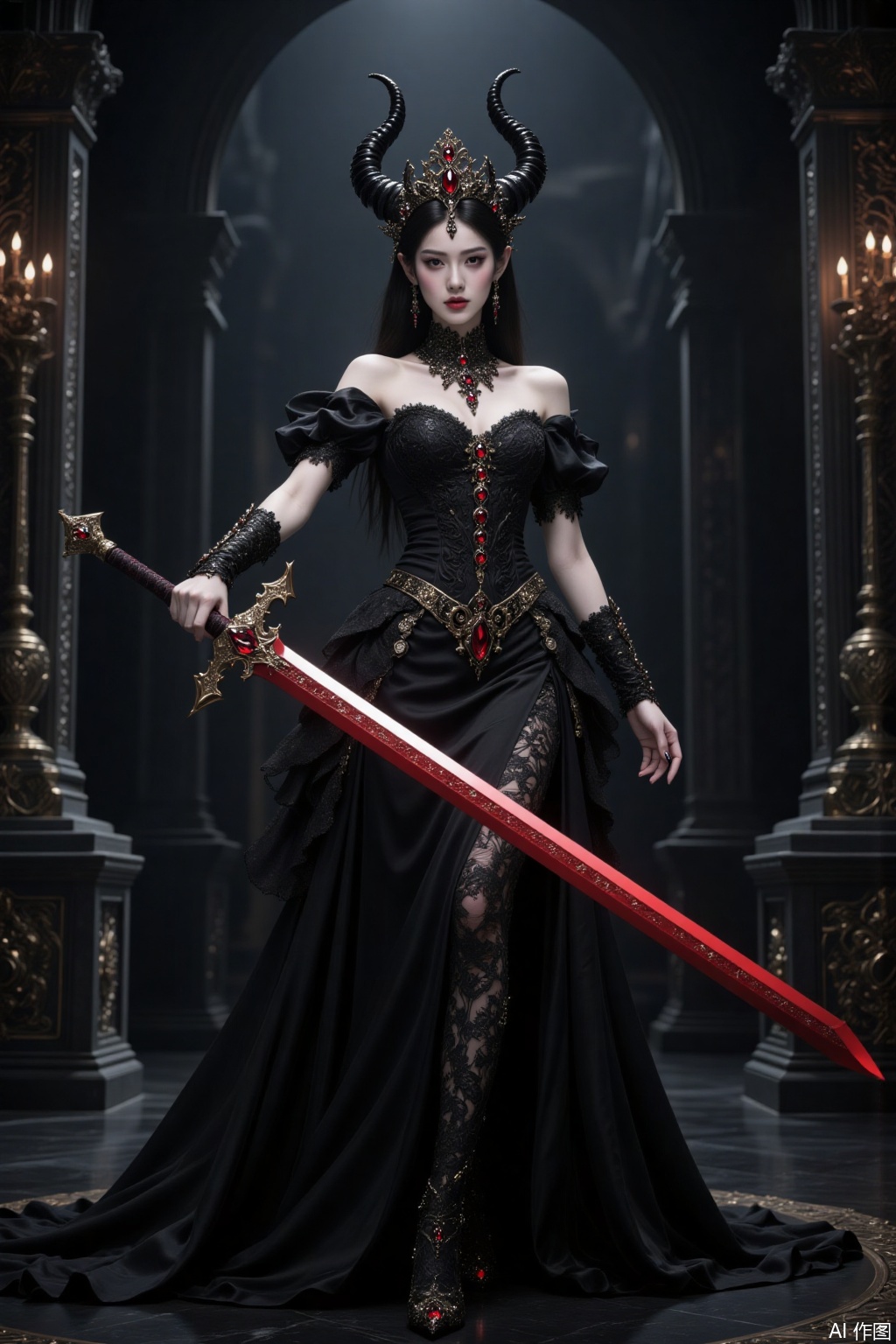 Demon princess, standing in the palace, black dress holding a red gem-studded long sword with a cold and arrogant face, emn, yyzs, cy