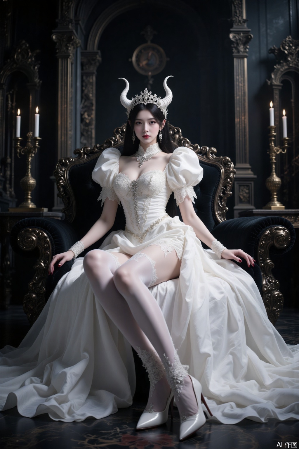 Demon princess, white small demon horns, white dress, white stockings, perfect figure, big breasts, thin waist, long legs, elegant sitting on the throne, Cross-legged,elegant pose, sexy pose, emn, yyzs