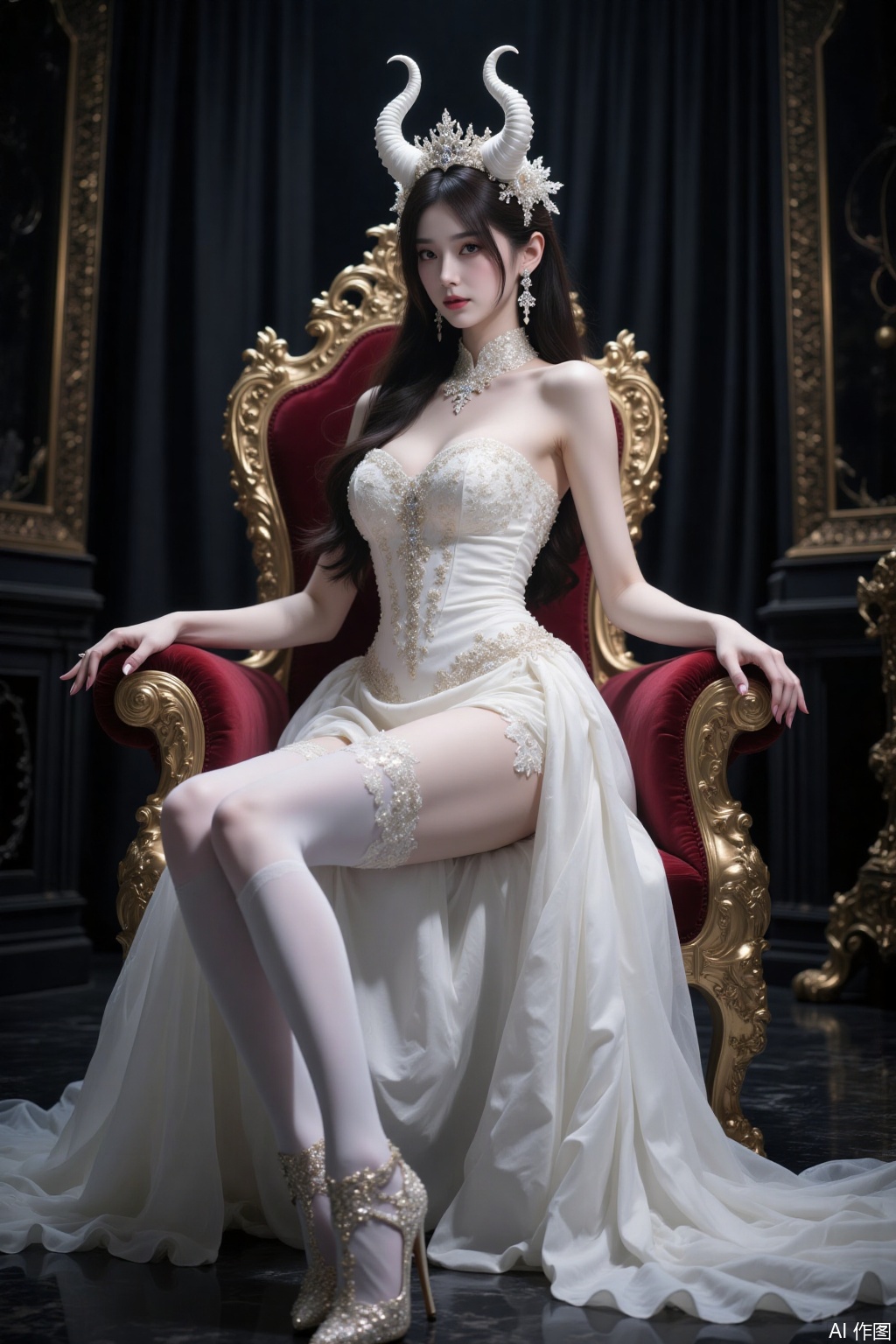 Demon princess, white small demon horns, white dress, white stockings, perfect figure, big breasts, thin waist, long legs, elegant sitting on the throne, elegant pose, sexy pose, emn, yyzs