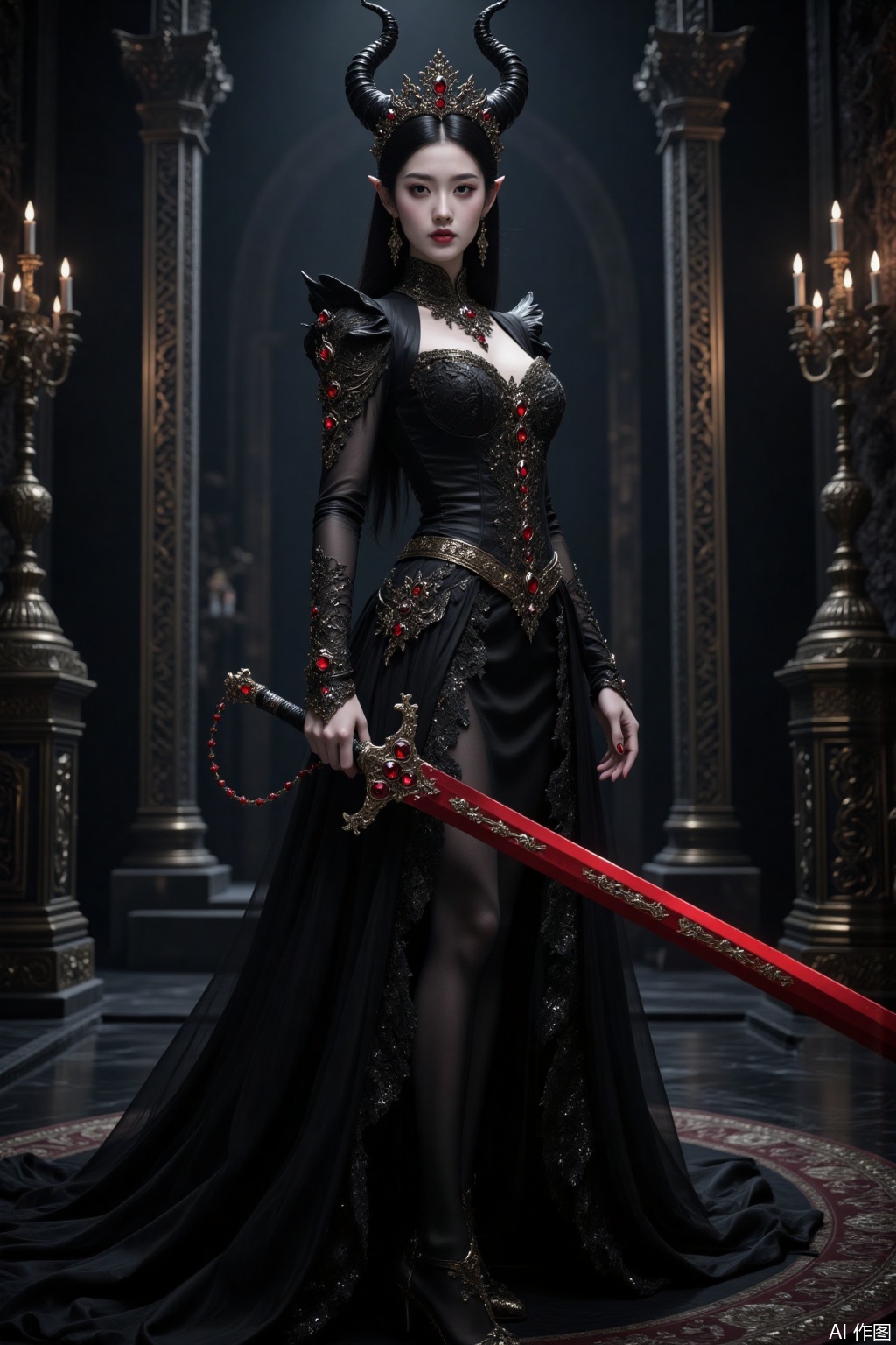 Demon princess, standing in the palace, black dress holding a red gem-studded long sword with a cold and arrogant face, emn, yyzs, cy