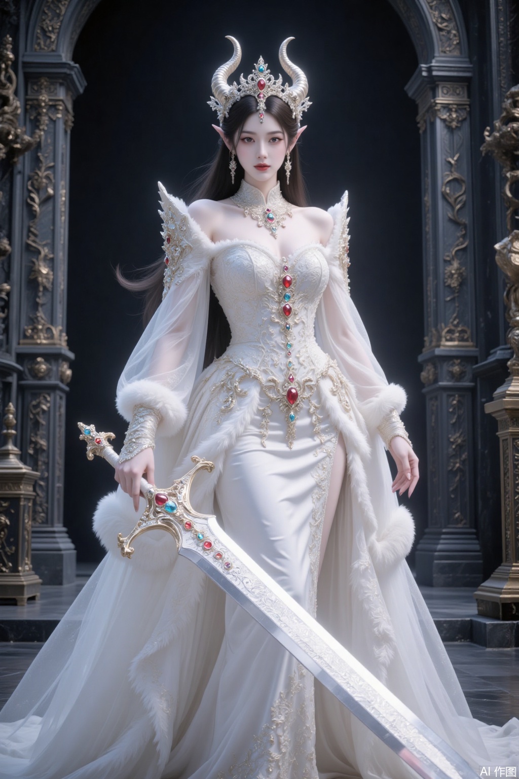 Demon princess, standing in the palace, posing in a white long dress, holding a white gem-inlaid sword, gentle and virtuous, emn, yyzs, cy