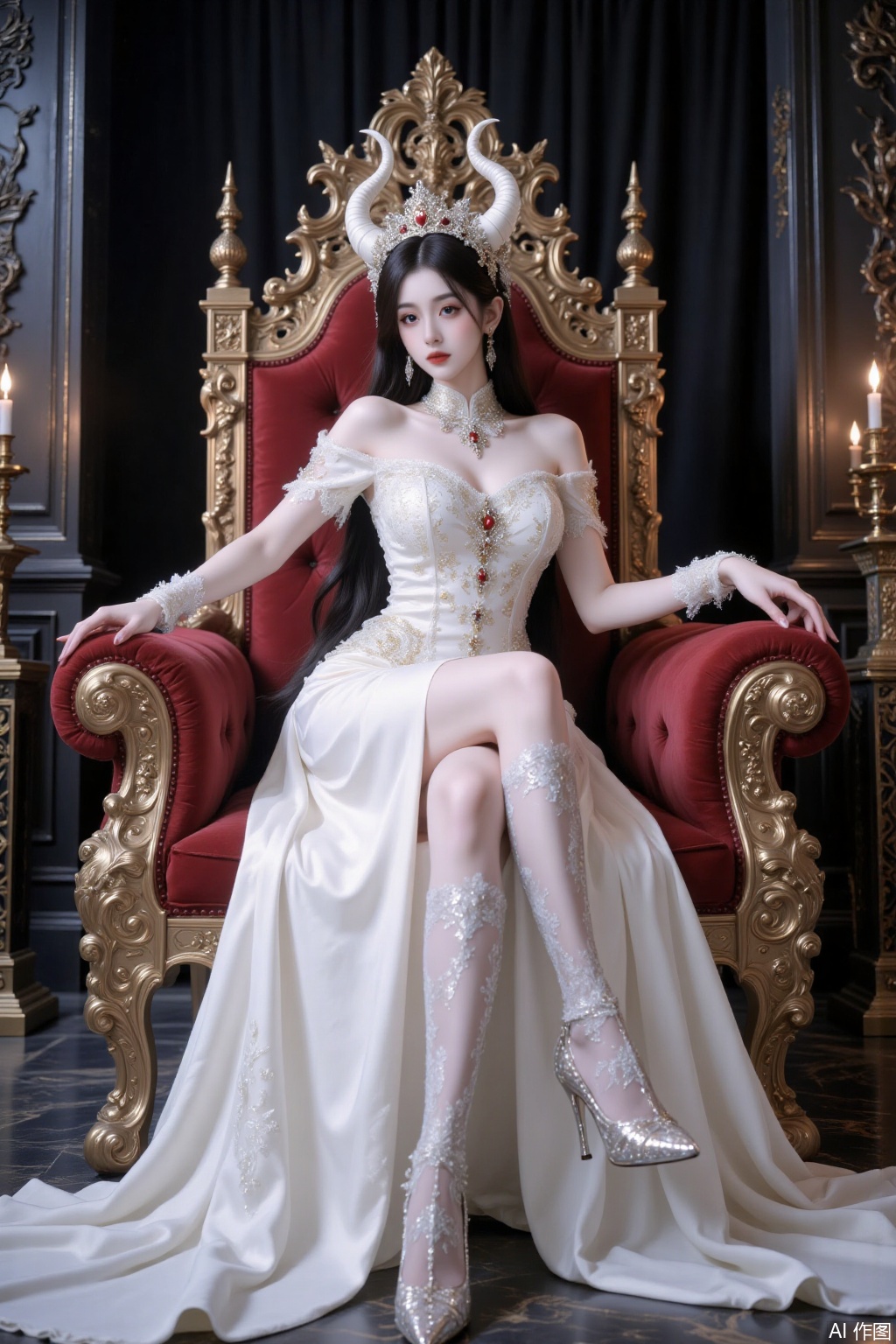 Demon princess, white small demon horns, white dress, white stockings, perfect figure, big breasts, thin waist, long legs, elegant sitting on the throne, Cross your legs, one on top of the other.,elegant pose, sexy pose, emn, yyzs,cy