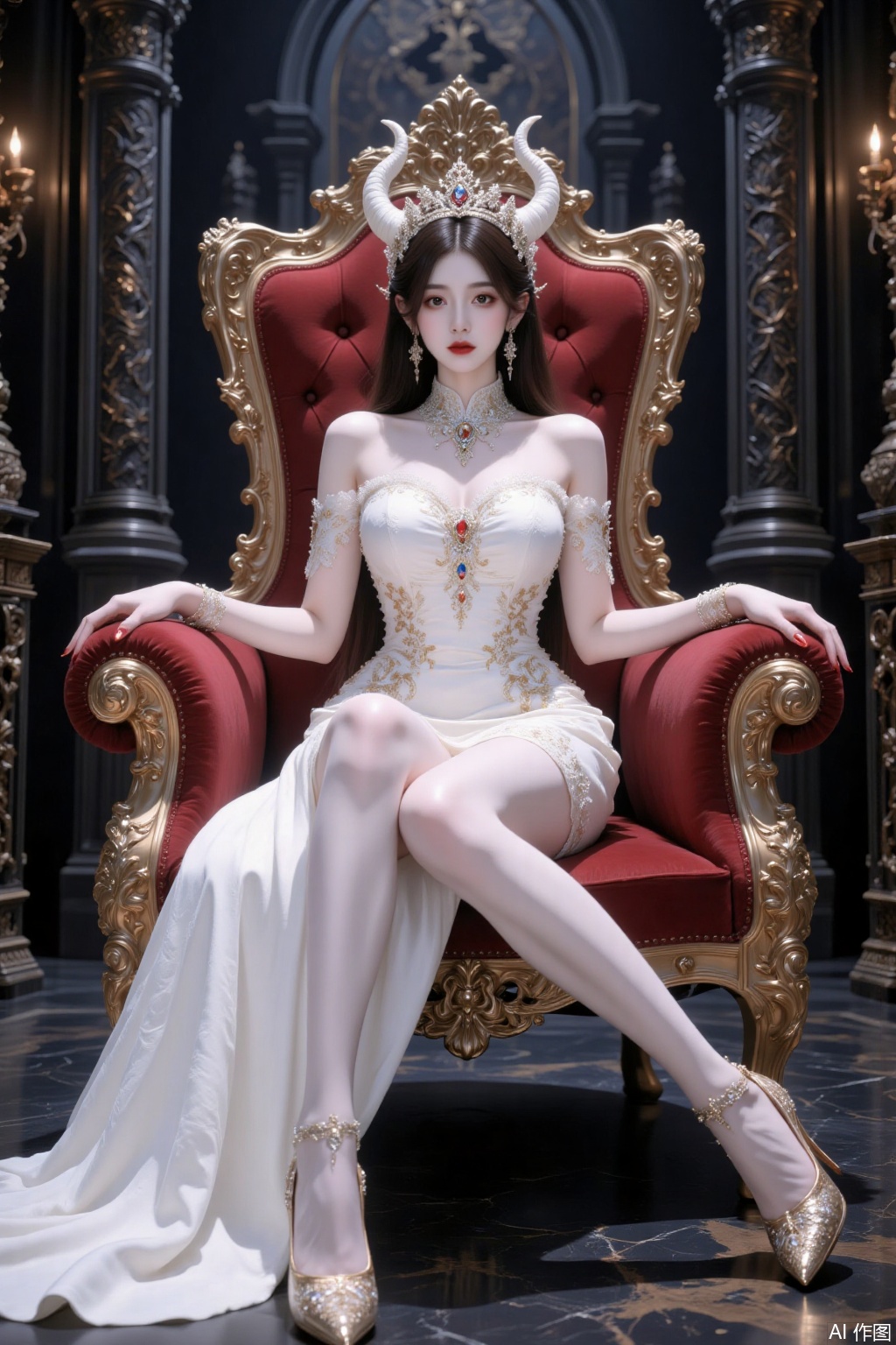 Demon princess, white small demon horns, white dress, white stockings, perfect figure, big breasts, thin waist, long legs, elegant sitting on the throne, Cross-legged,elegant pose, sexy pose, emn, yyzs,cy
