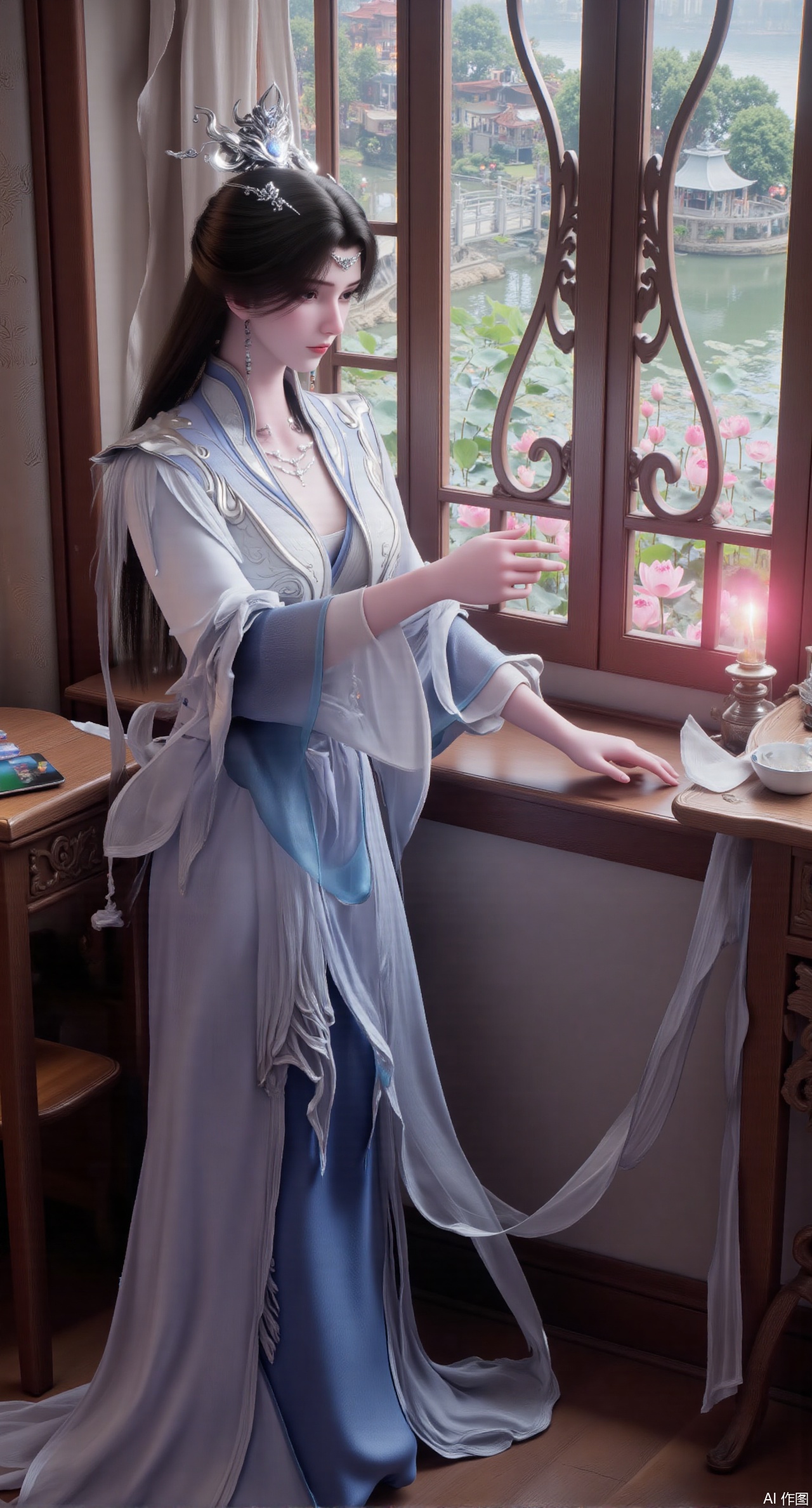 (masterpiece, best quality:1.2),1girl, solo, long dress,Ancient princess's boudoir with bright color palette,,(huge breasts:2.59),(full breasts:2.59), Hanfu-clad maiden sitting by latticed window desk in romantic daydreaming posture, classical Chinese garden through window showcasing lotus pond filled with blooming pink and white lotuses, delicate ink-wash painting style, interior featuring rosewood furniture with mother-of-pearl inlay, silk curtains fluttering in breeze, porcelain stationery set on desk, distant view of curved bridges and pavilions in garden, ultra HD rendering with crisp details on embroidered garments and translucent lotus petals,,(huge breasts:2.99),(full breasts:2.99),
Xmupeiling,XsongyuYK,XqiyueFHK,XheguangzhefandiYK,XxiaobaiNZYK,XlimuwanJCBYK