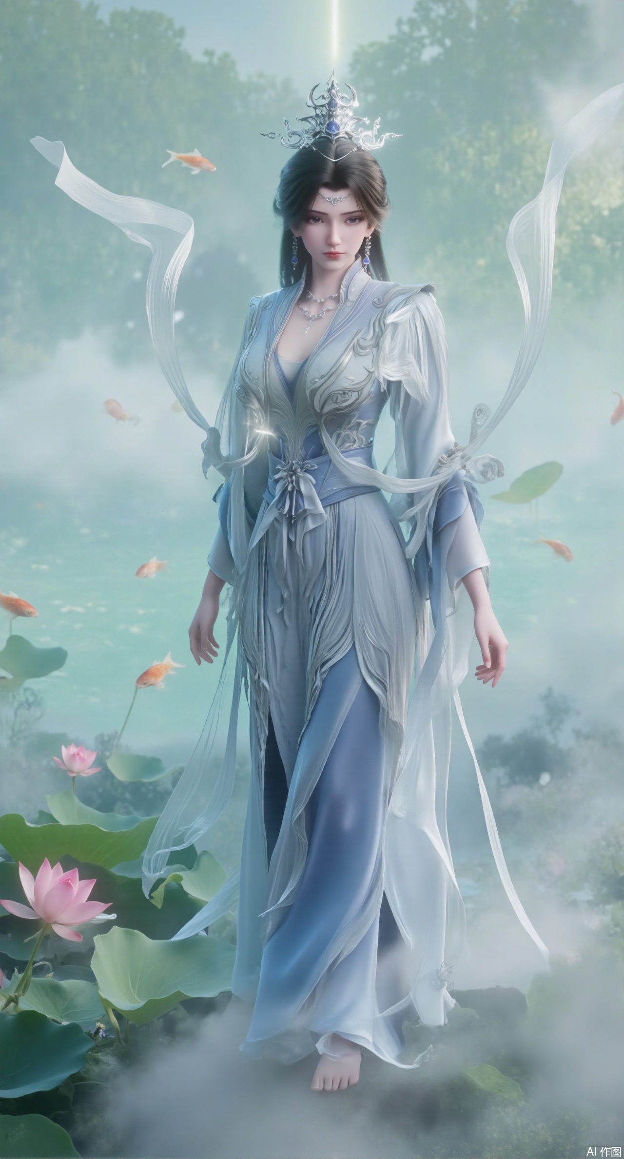 (masterpiece, best quality:1.2),A celestial maiden in Hanfu stands on a cloud, ethereal silk robes fluttering in the wind, swirling sea of clouds beneath her feet, background reveals the emerald lotus pond of Penglai Wonderland with blooming pink-white lotuses, golden koi fish swimming in translucent water, soft morning light piercing through mist, ultra HD rendering showcases intricate embroidery on Hanfu, 8K detail captures dewdrops on lotus petals, dynamic lighting effects emphasize swirling mist movement, panoramic composition creates ethereal celestial atmosphere,(huge breasts:2.99),(full breasts:2.99),Xmupeiling,XsongyuYK,XqiyueFHK,XheguangzhefandiYK,XxiaobaiNZYK,XlimuwanJCBYK