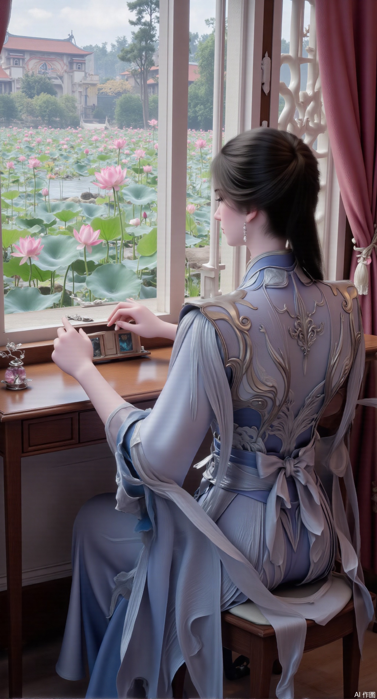 (masterpiece, best quality:1.2),1girl, solo, long dress,Ancient princess's boudoir with bright color palette,,(huge breasts:2.59),(full breasts:2.59), Hanfu-clad maiden sitting by latticed window desk in romantic daydreaming posture, classical Chinese garden through window showcasing lotus pond filled with blooming pink and white lotuses, delicate ink-wash painting style, interior featuring rosewood furniture with mother-of-pearl inlay, silk curtains fluttering in breeze, porcelain stationery set on desk, distant view of curved bridges and pavilions in garden, ultra HD rendering with crisp details on embroidered garments and translucent lotus petals,,(huge breasts:2.99),(full breasts:2.99),
Xmupeiling,XsongyuYK,XqiyueFHK,XheguangzhefandiYK,XxiaobaiNZYK,XlimuwanJCBYK