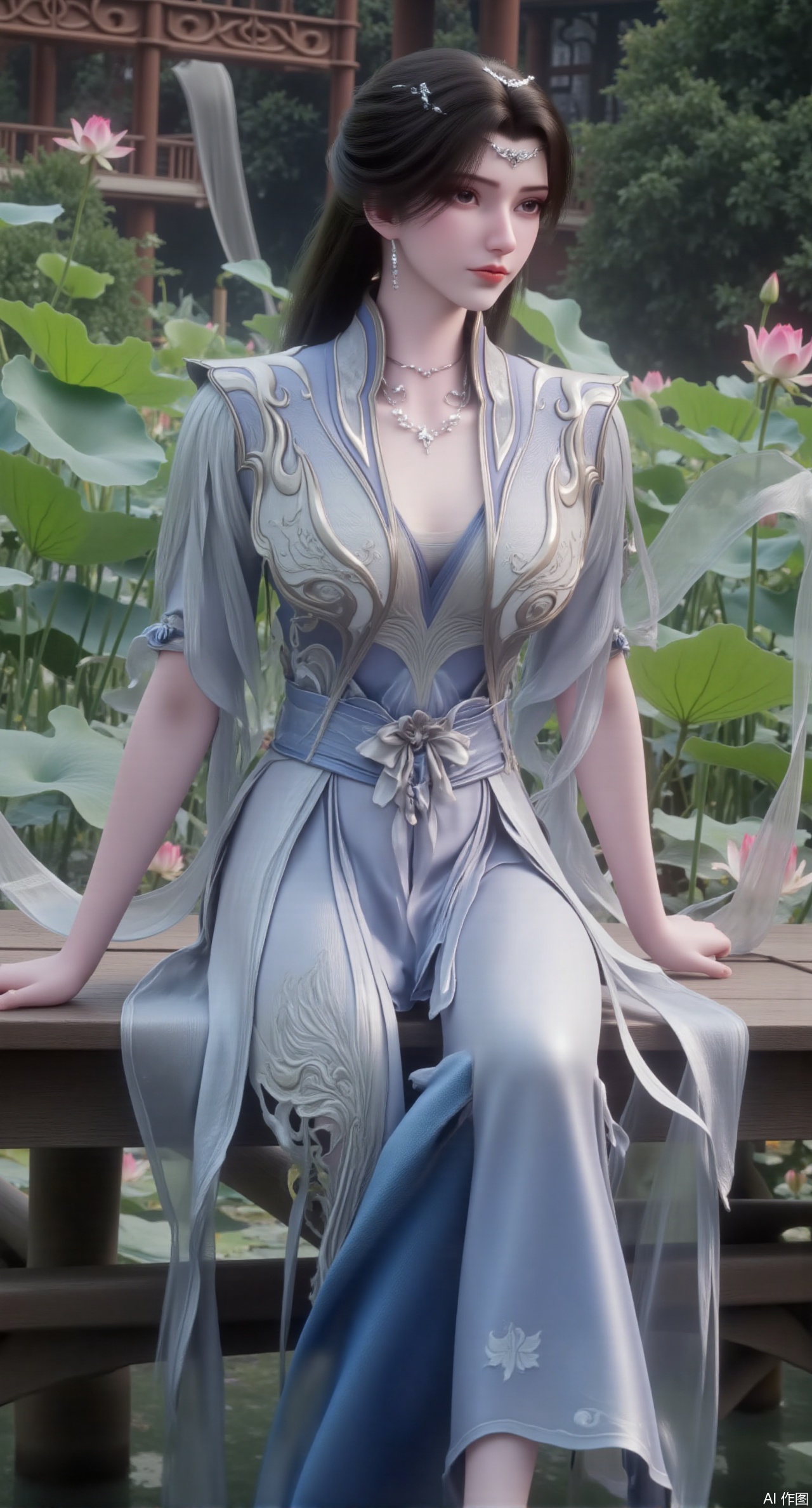 (masterpiece:1.2),best quality,The image is a digital illustration of a young woman sitting on a wooden bench in a pond with lily pads. She is wearing a long dress with design on the chest and sleeves. The dress has a high neckline and short sleeves,Holding a lotus in hand. She has long dark hair styled in loose waves and is wearing gold high heels. The woman is posing with one hand on her hip and the other resting on the edge of the bench. The background is filled with pink and white lotus flowers and green leaves. The overall mood of the image is peaceful and serene,(huge breasts:2.99),(full breasts:2.99),(Background with traditional Chinese architecture, lotus pond and pink lotus flowers:1.39),Xmupeiling,XsongyuYK,XqiyueFHK,XheguangzhefandiYK,XxiaobaiNZYK,XlimuwanJCBYK