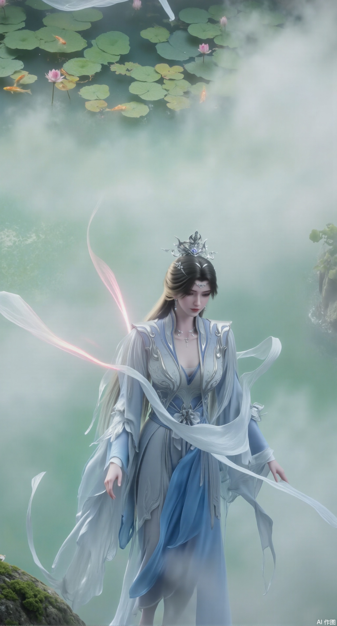 (masterpiece, best quality:1.2),A celestial maiden in Hanfu stands on a cloud, ethereal silk robes fluttering in the wind, swirling sea of clouds beneath her feet, background reveals the emerald lotus pond of Penglai Wonderland with blooming pink-white lotuses, golden koi fish swimming in translucent water, soft morning light piercing through mist, ultra HD rendering showcases intricate embroidery on Hanfu, 8K detail captures dewdrops on lotus petals, dynamic lighting effects emphasize swirling mist movement, panoramic composition creates ethereal celestial atmosphere,(huge breasts:2.99),(full breasts:2.99),Xmupeiling,XsongyuYK,XqiyueFHK,XheguangzhefandiYK,XxiaobaiNZYK,XlimuwanJCBYK