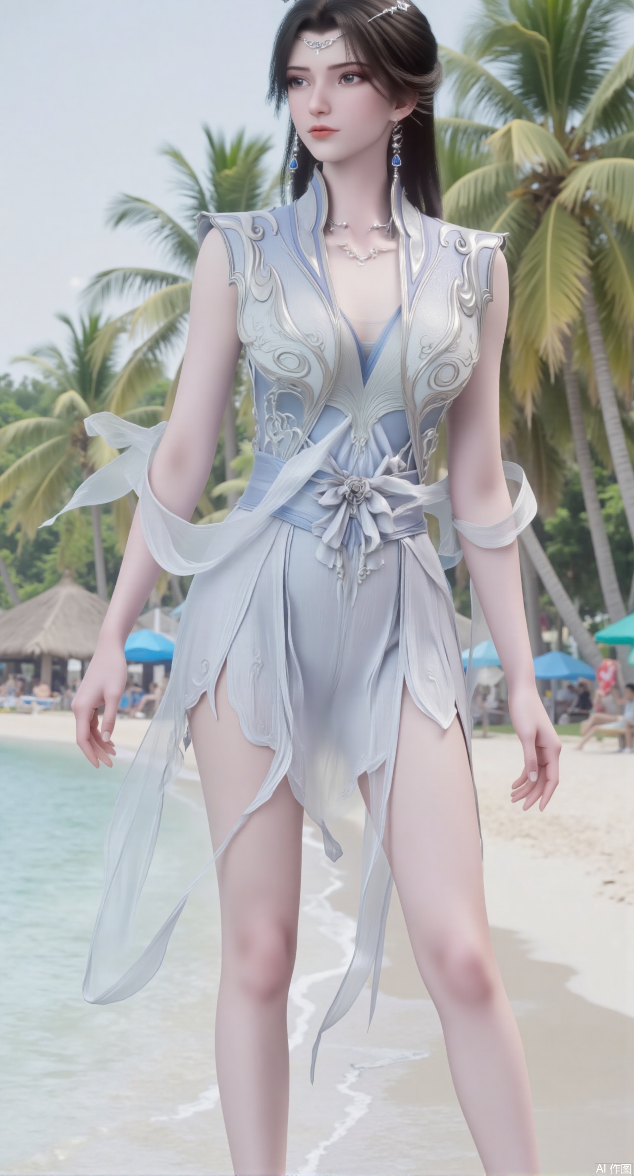  (masterpiece:1.2),best quality,absurdres,masterpiece,original,extremely detailed wallpaper,perfect lighting,1girl,solo,looking at viewer,(cowboy_shot:1.3),short hair,high heels,blurry background,depth of field,motion blur,crystal_earrings,headpiece,in summer,day,outdoors,nature,(standing,Seaside, beach, sailboat, coconut trees:1.59),(huge breasts:2.99),(full breasts:2.99),
Xmupeiling,XsongyuYK,XqiyueFHK,XheguangzhefandiYK,XxiaobaiNZYK,XlimuwanJCBYK