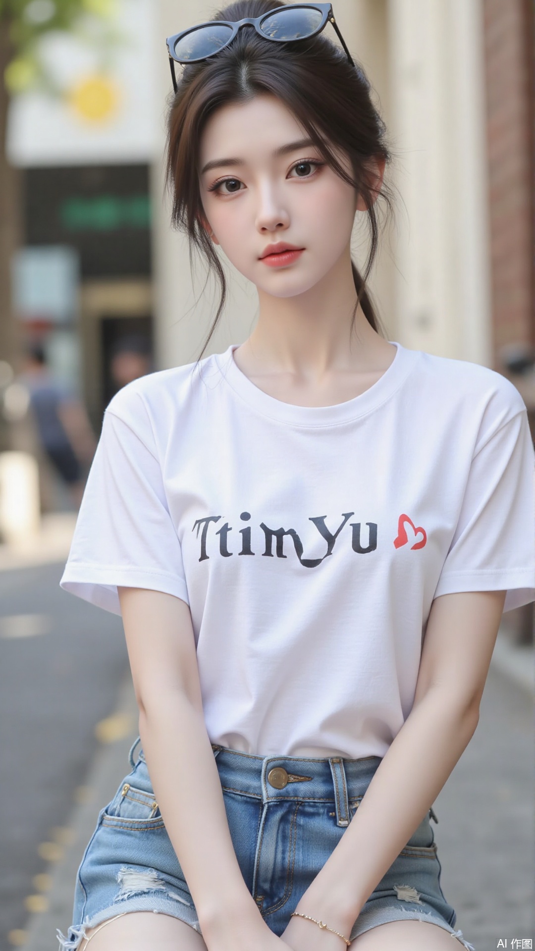 White t-shirt with ”Tim_Yi“ written on it, jeans shorts,1girl