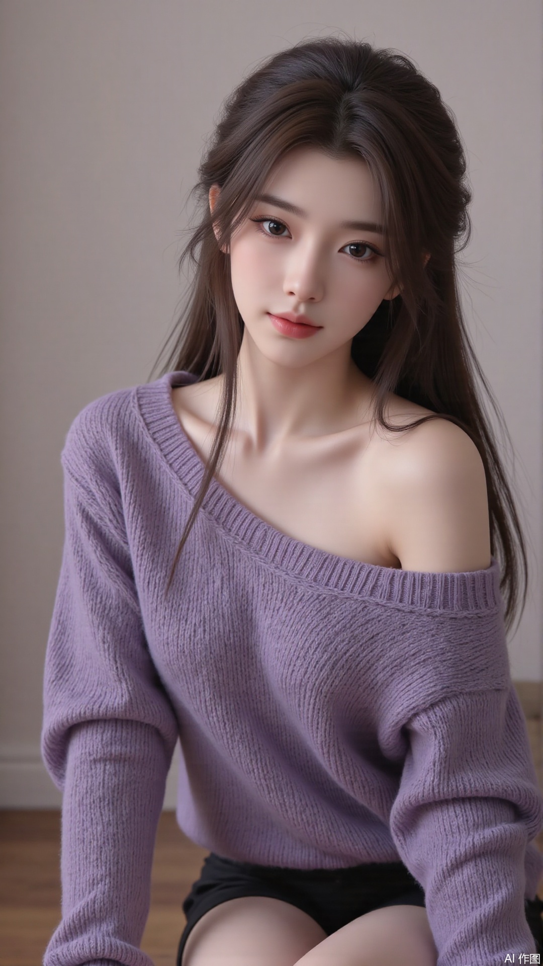 1girl, solo, long hair, looking at viewer, smile, sitting, collarbone, off shoulder, sweater, messy hair, realistic