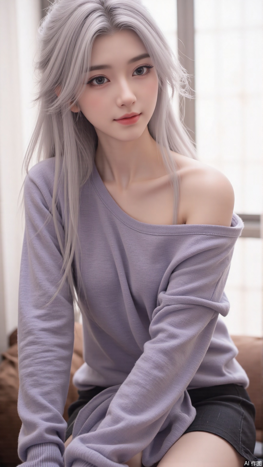 1girl, solo, long hair, looking at viewer, smile, sitting, collarbone, off shoulder, sweater, messy hair, realistic