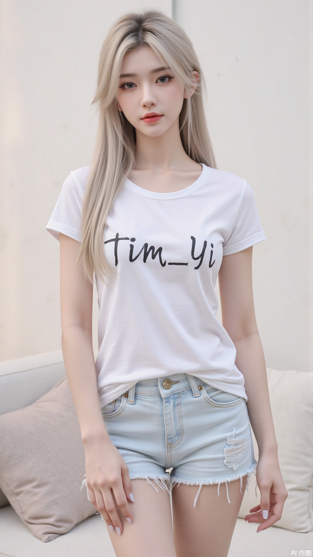 White t-shirt with ”Tim_Yi“ written on it, jeans shorts,1girl