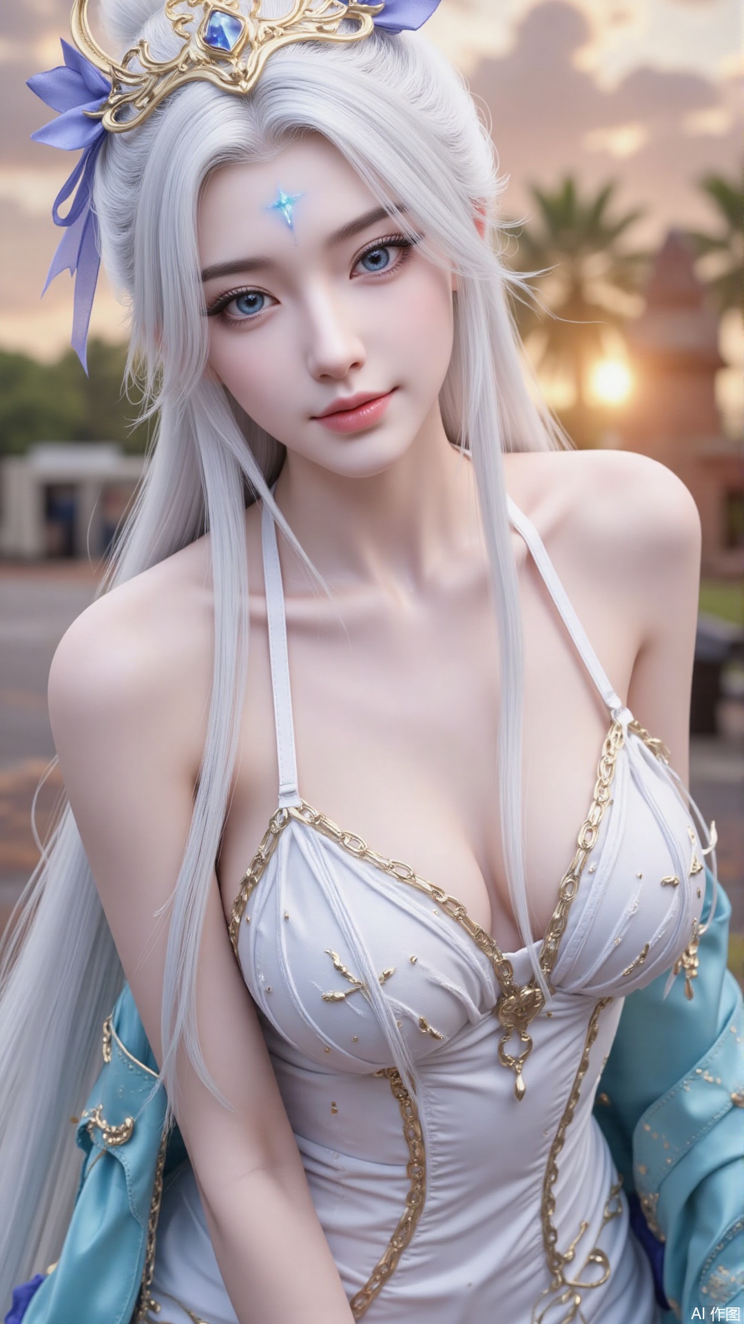 1girl, solo, long hair, white hair, dress, blue eyes, bare_shoulders, realistic, mischevious smile, perfect body, scenery, sharp focus, best quality, masterpiece, detailed outfit, illustration, perfect eyes, finely detailed beautiful anime eyes, realistic skin, intricate details, best lighting, depth of field, ultra high resolution, cowboy shot