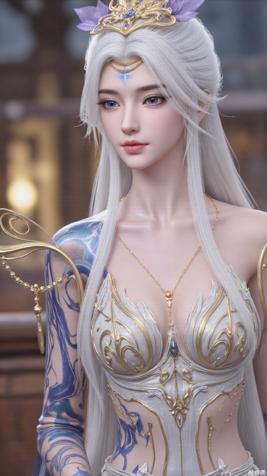 1girl, solo, long hair, white hair, dress, blue eyes, bare_shoulders, realistic, mischevious smile, perfect body, scenery, sharp focus, best quality, masterpiece, detailed outfit, illustration, perfect eyes, finely detailed beautiful anime eyes, realistic skin, intricate details, best lighting, depth of field, ultra high resolution, cowboy shot