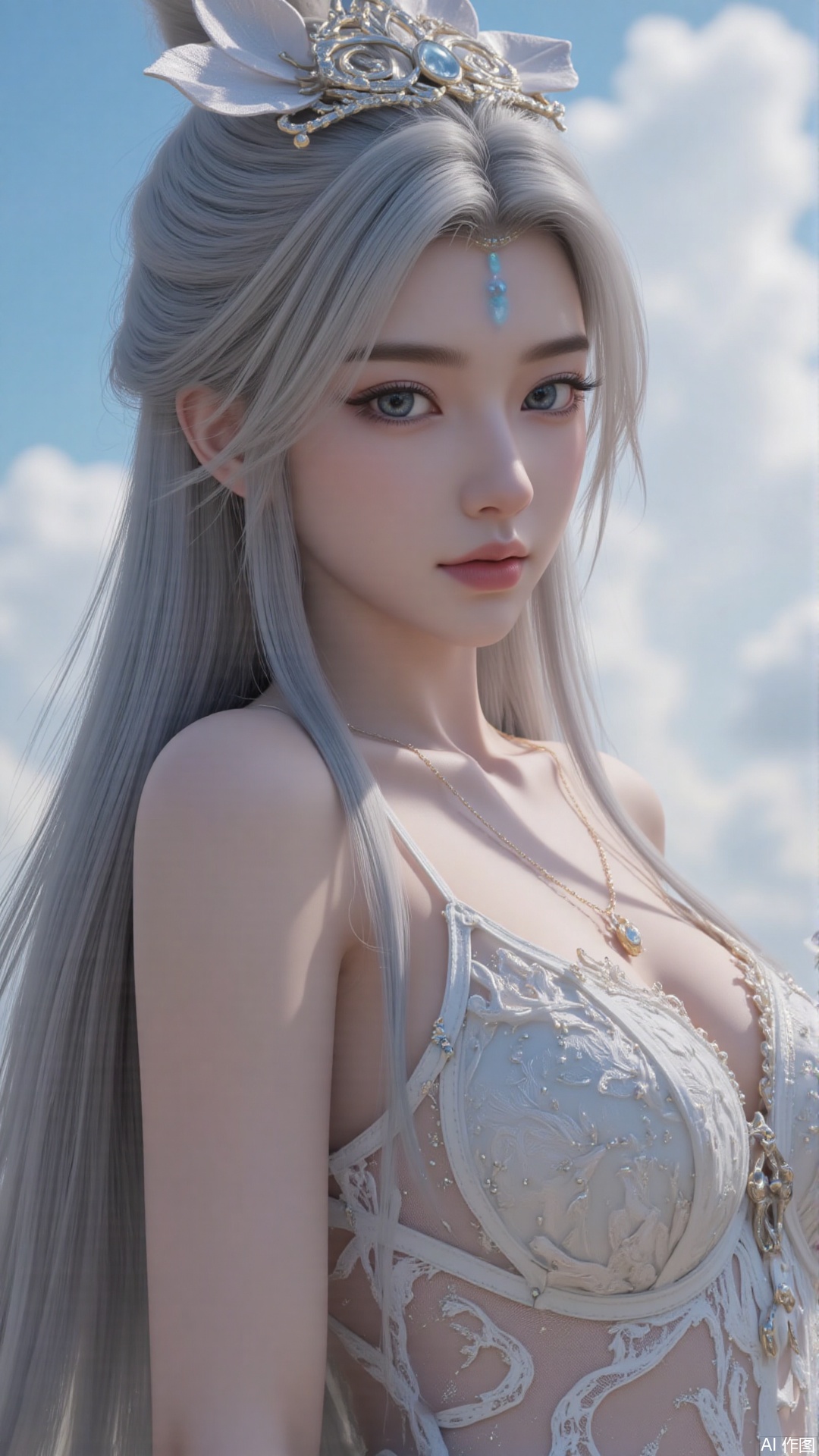 Very detailed face, extremely detailed eyes and face, blue eyes, (vacuum), 8K wallpaper, light leak, beautiful and detailed girl, extremely detailed CGUnity8K wallpaper, an extremely detailed and beautiful, beautiful and detailed eyes, masterpiece, best quality, Real photo level, (frontal shooting panoramic perspective), ( (Full body photo)), dynamic angle, dynamic pose, solo, ancient style silver hairpin with petals, blue sky and white clouds, (C cup), (huge round breasts), slender legs, super good figure, stunning beauty, (whole body in the mirror) , (wearing Lolita nightgown), (light reflects the shadow of the body through the clothes),vacuum,bare and smooth