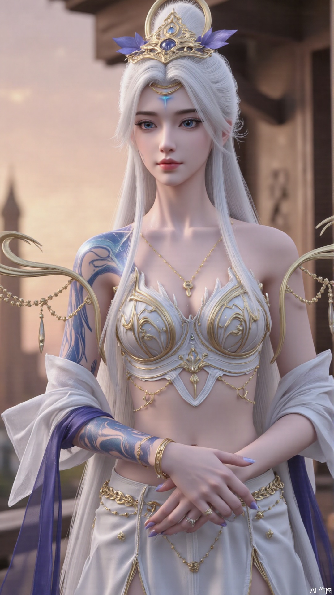1girl, solo, long hair, white hair, dress, blue eyes, bare_shoulders, realistic, mischevious smile, perfect body, scenery, sharp focus, best quality, masterpiece, detailed outfit, illustration, perfect eyes, finely detailed beautiful anime eyes, realistic skin, intricate details, best lighting, depth of field, ultra high resolution, cowboy shot