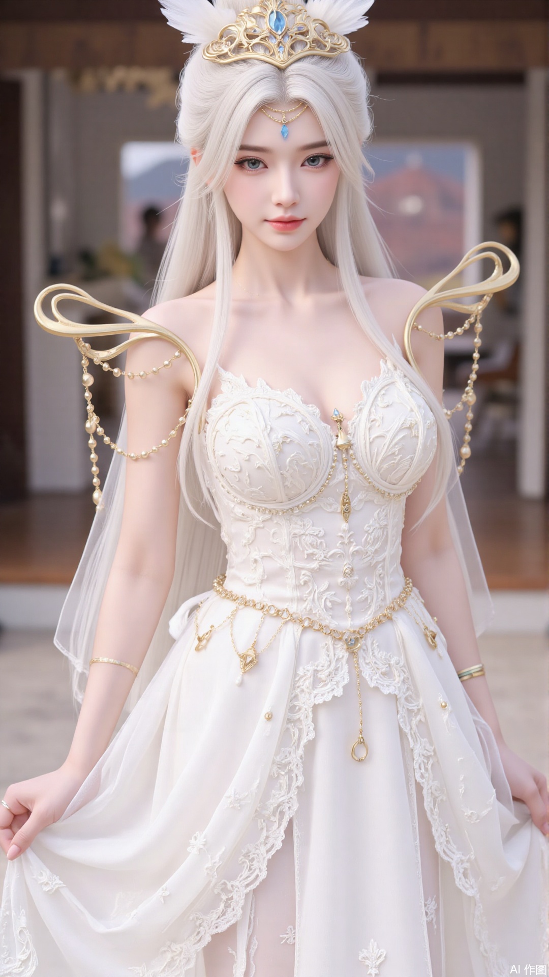 1girl, white wedding dress,looking at viewer, mischevious smile, perfect body, scenery, sharp focus, best quality, masterpiece, detailed outfit, illustration, perfect eyes, finely detailed beautiful anime eyes, realistic skin, intricate details, best lighting, depth of field, ultra high resolution, cowboy_shot, bride