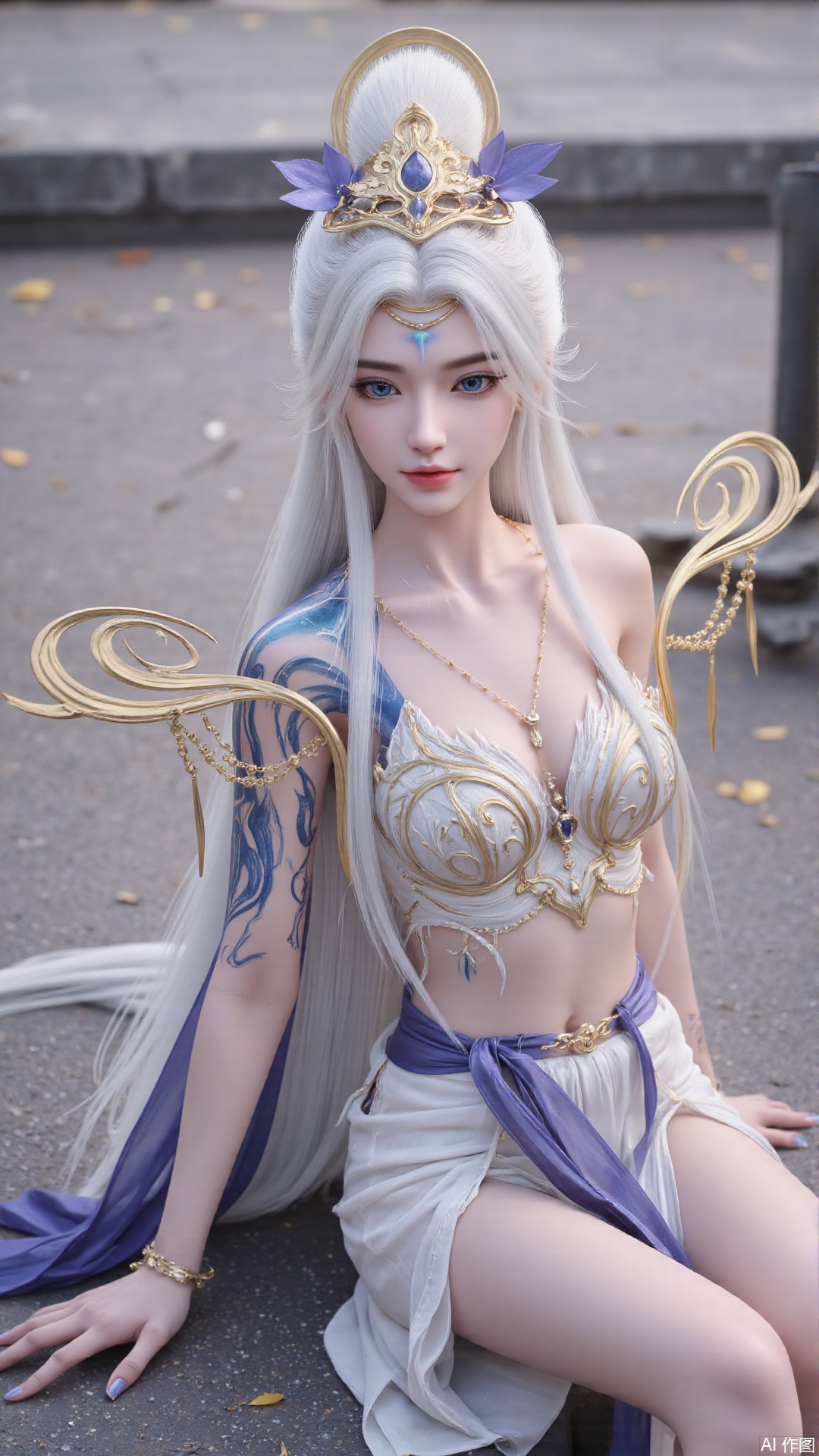 1girl, solo, long hair, white hair, dress, blue eyes, bare_shoulders, realistic, mischevious smile, perfect body, scenery, sharp focus, best quality, masterpiece, detailed outfit, illustration, perfect eyes, finely detailed beautiful anime eyes, realistic skin, intricate details, best lighting, depth of field, ultra high resolution, sitting