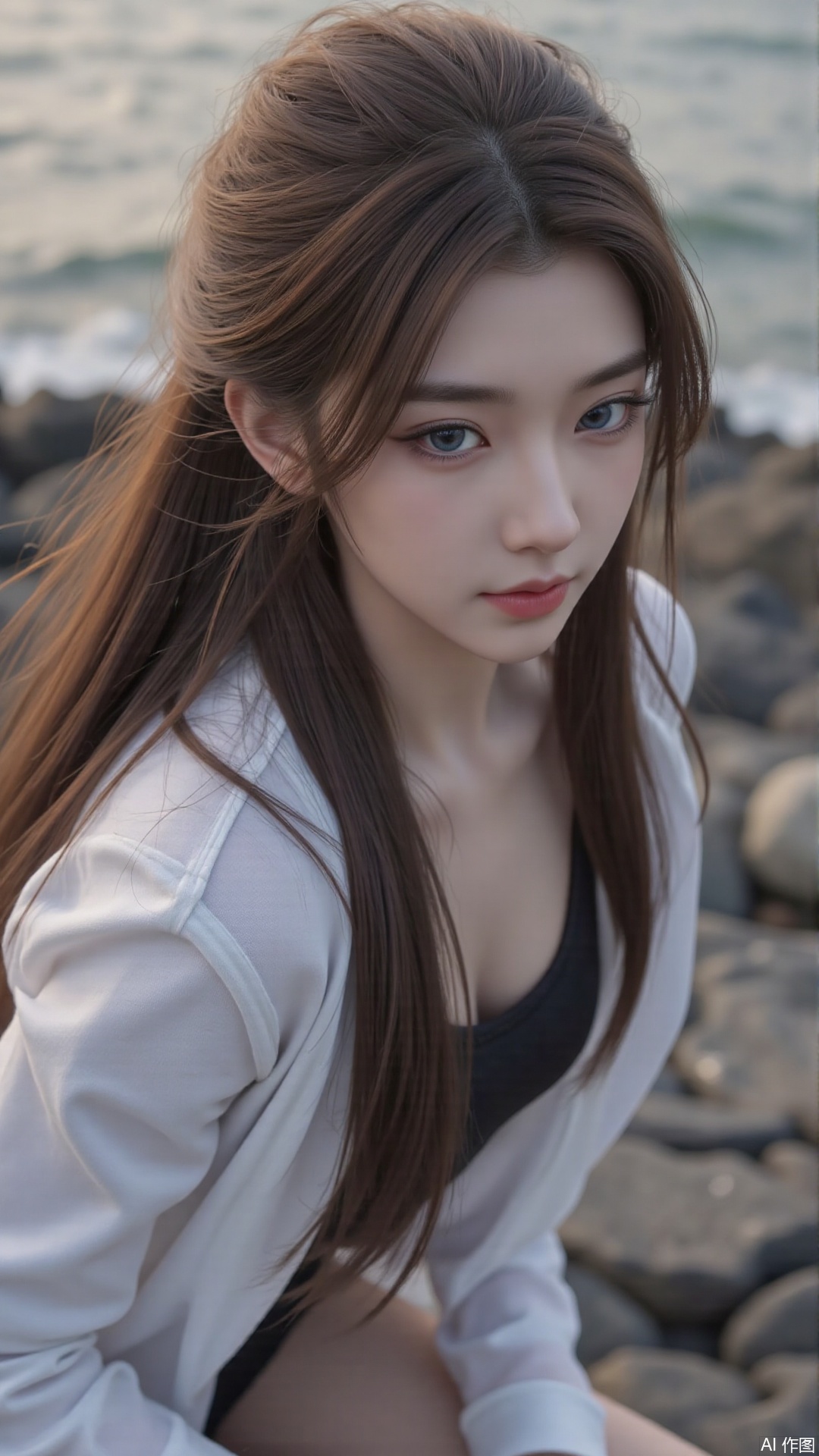  a asian woman, sexy long hair, blue eyes, charming and seductive temperament, distant close-up, golden ratio, movie texture, minimalism, high-end feeling, strong contrast between cold and warm, outdoor scenes, 