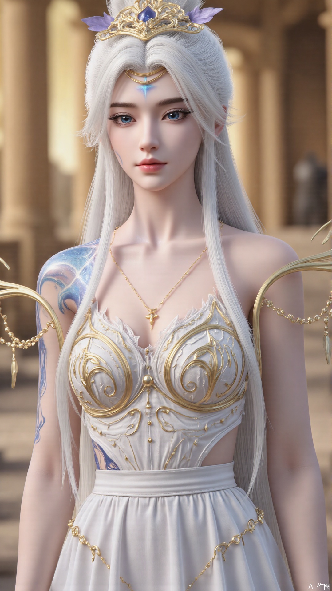 1girl, solo, long hair, white hair, dress, blue eyes, bare_shoulders, realistic, mischevious smile, perfect body, scenery, sharp focus, best quality, masterpiece, detailed outfit, illustration, perfect eyes, finely detailed beautiful anime eyes, realistic skin, intricate details, best lighting, depth of field, ultra high resolution, cowboy shot