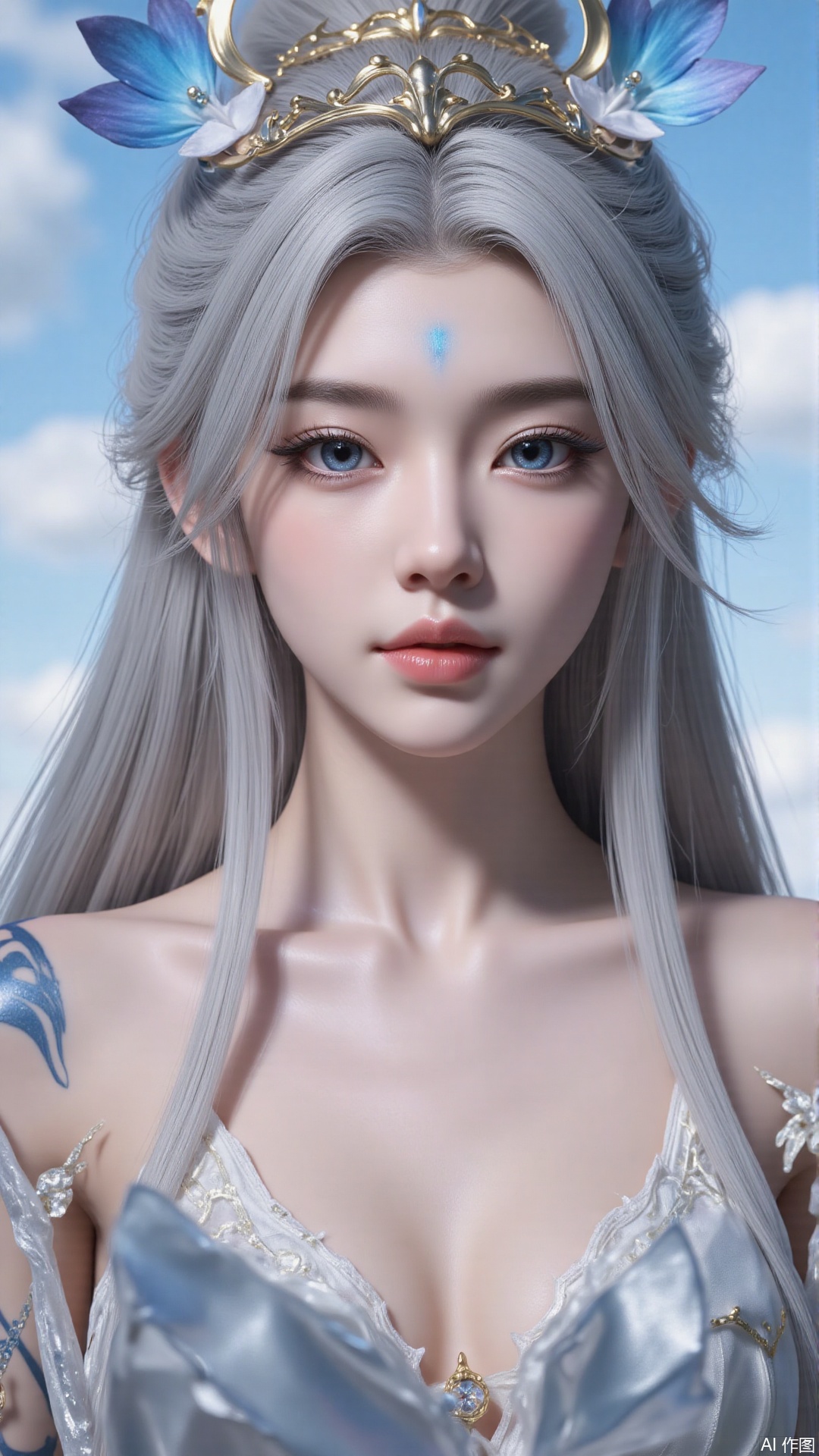 Very detailed face, extremely detailed eyes and face, blue eyes, (vacuum), 8K wallpaper, light leak, beautiful and detailed girl, extremely detailed CGUnity8K wallpaper, an extremely detailed and beautiful, beautiful and detailed eyes, masterpiece, best quality, Real photo level, (frontal shooting panoramic perspective), ( (Full body photo)), dynamic angle, dynamic pose, solo, ancient style silver hairpin with petals, blue sky and white clouds, (C cup), (huge round breasts), slender legs, super good figure, stunning beauty, (whole body in the mirror) , (wearing Lolita nightgown), (light reflects the shadow of the body through the clothes),vacuum,bare and smooth
