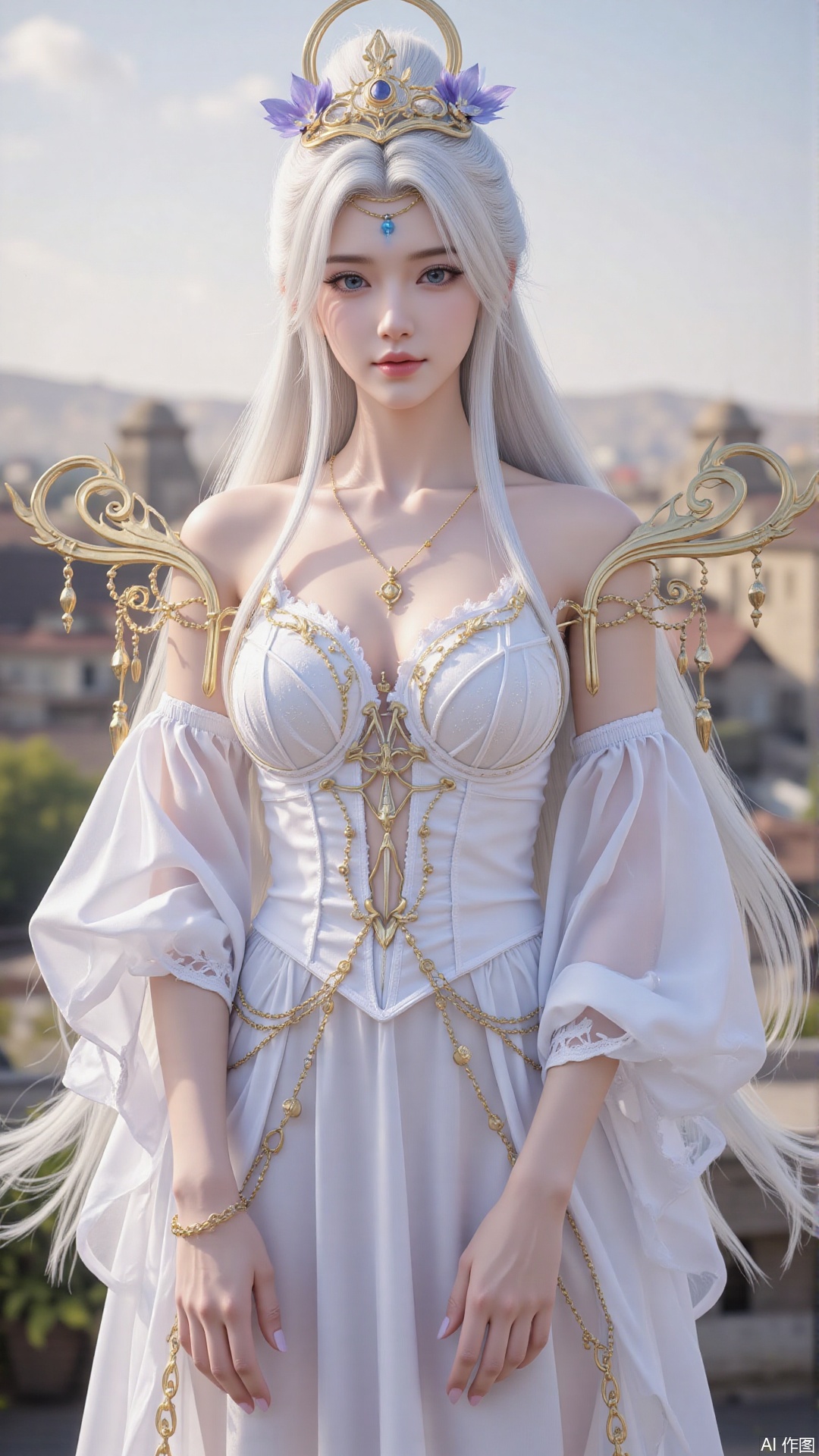 1girl, solo, long hair, white hair, dress, blue eyes, bare_shoulders, realistic, mischevious smile, perfect body, scenery, sharp focus, best quality, masterpiece, detailed outfit, illustration, perfect eyes, finely detailed beautiful anime eyes, realistic skin, intricate details, best lighting, depth of field, ultra high resolution, cowboy shot