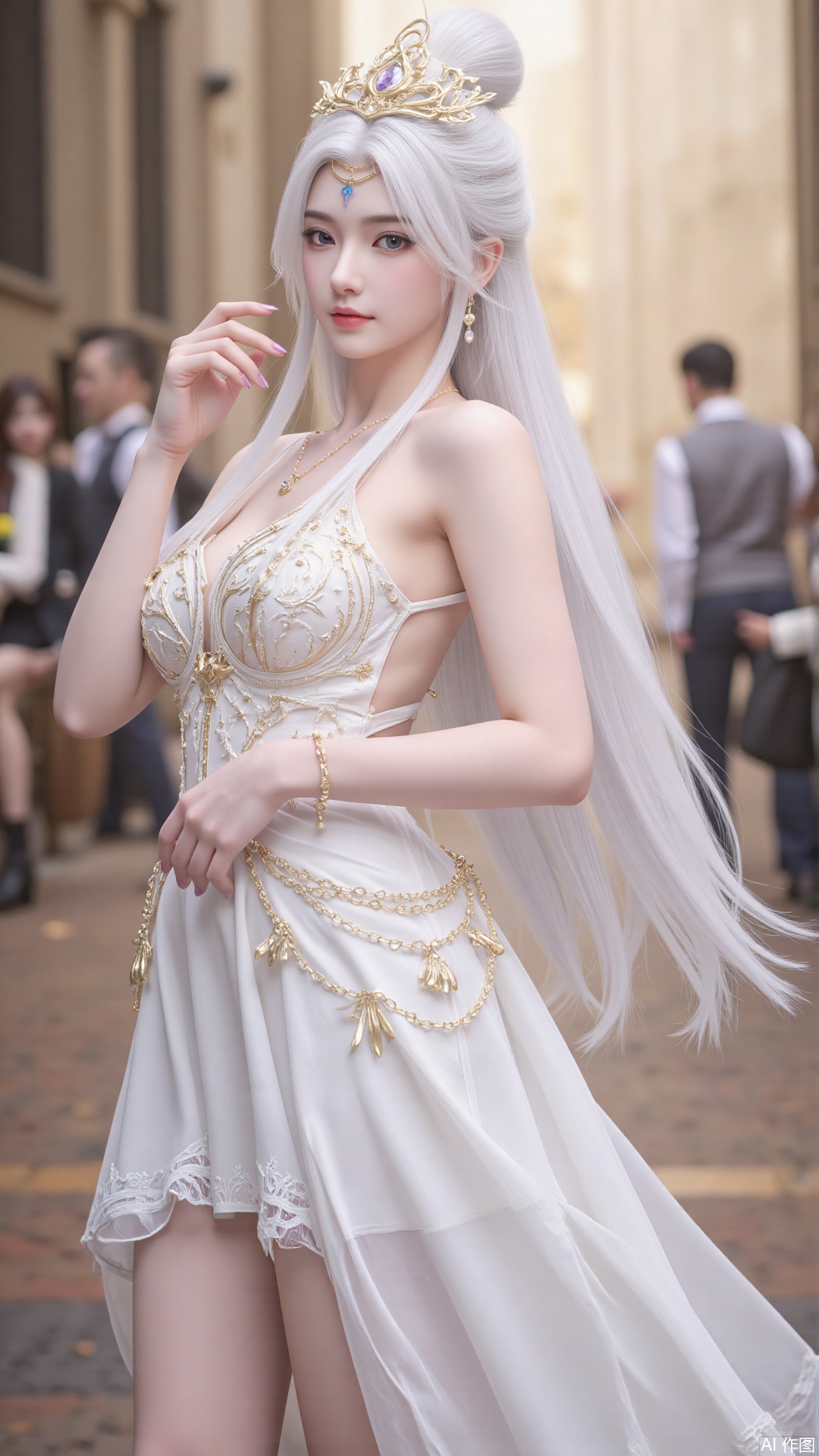 1girl, white wedding dress,looking at viewer, mischevious smile, perfect body, scenery, sharp focus, best quality, masterpiece, detailed outfit, illustration, perfect eyes, finely detailed beautiful anime eyes, realistic skin, intricate details, best lighting, depth of field, ultra high resolution, cowboy_shot, bride
