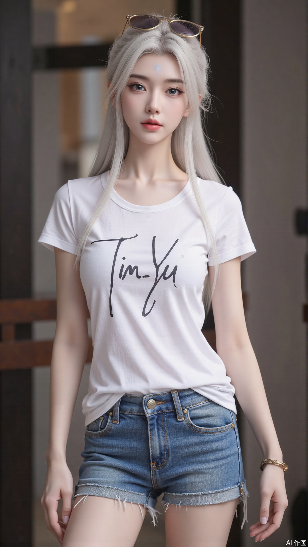 White t-shirt with ”Tim_Yi“ written on it, jeans shorts,1girl